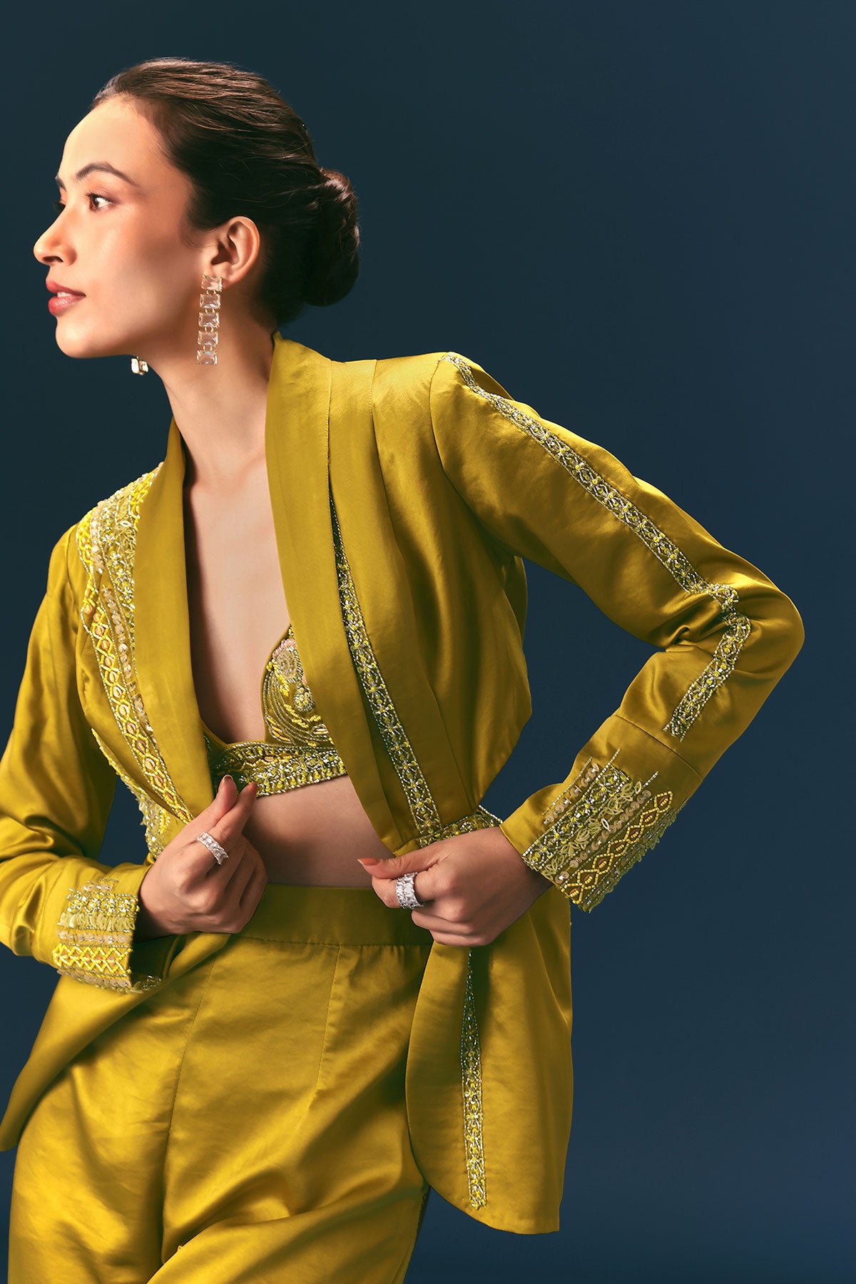 Mehendi Green Hand Embroidered Blouse With Jacket And Bell Bottom Pants
