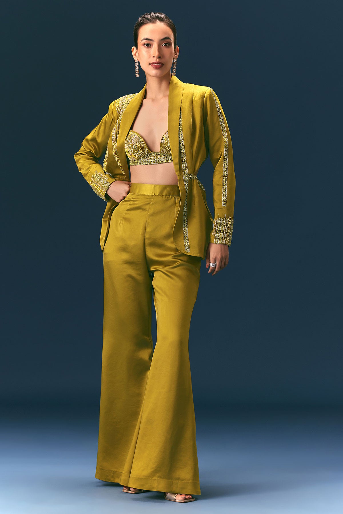 Mehendi Green Hand Embroidered Blouse With Jacket And Bell Bottom Pants