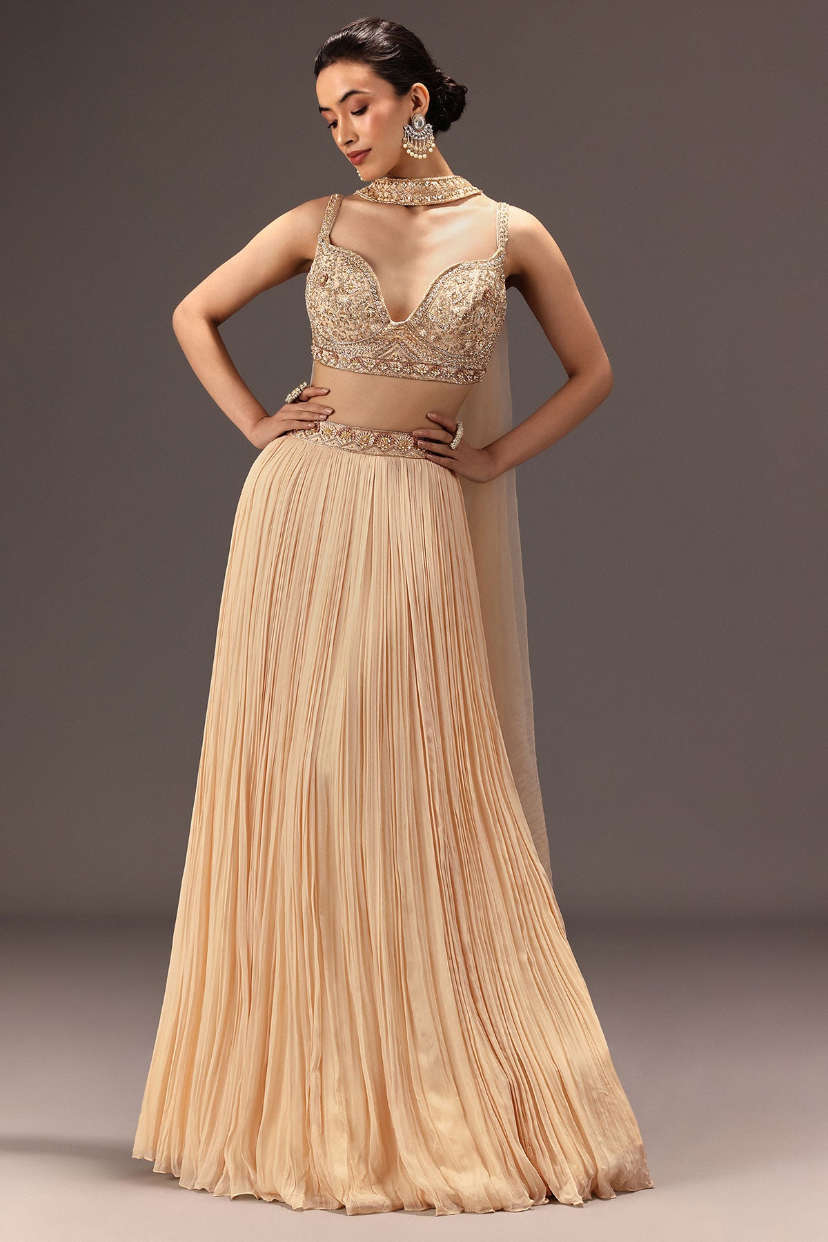 Cream Ruched Lehenga Set With Hand Embroidery