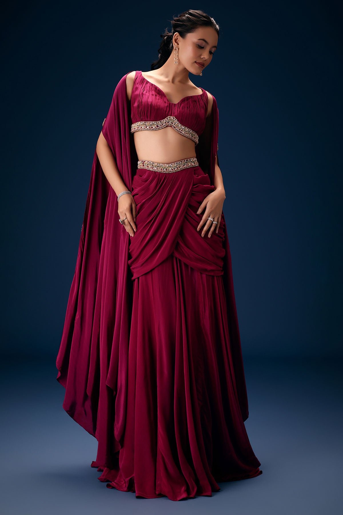 Magenta Fish Cut Draped Skirt With Hand Embroidered Blouse And Choker Dupatta