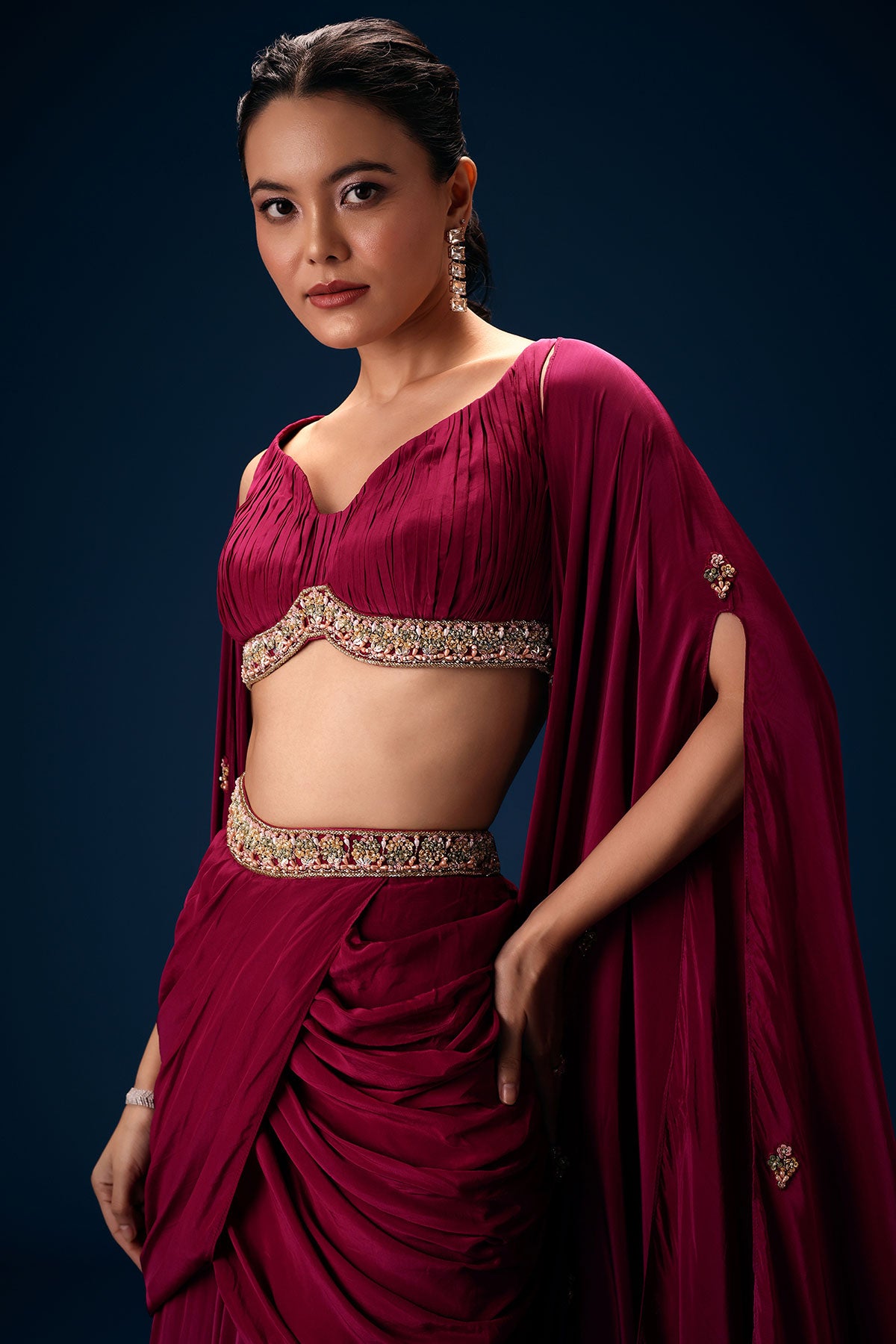 Magenta Fish Cut Draped Skirt With Hand Embroidered Blouse And Choker Dupatta