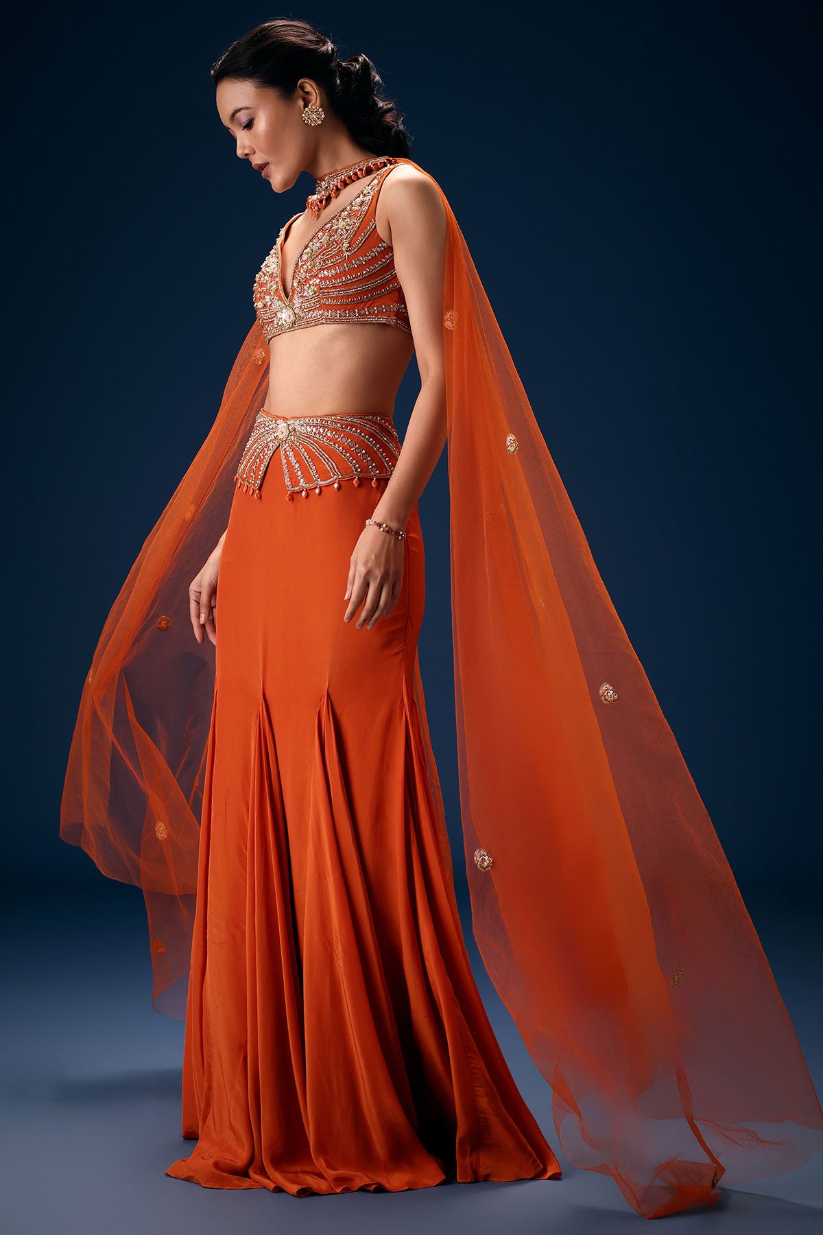 Rust Mermaid Symmetric Belt Skirt With Blouse And Choker