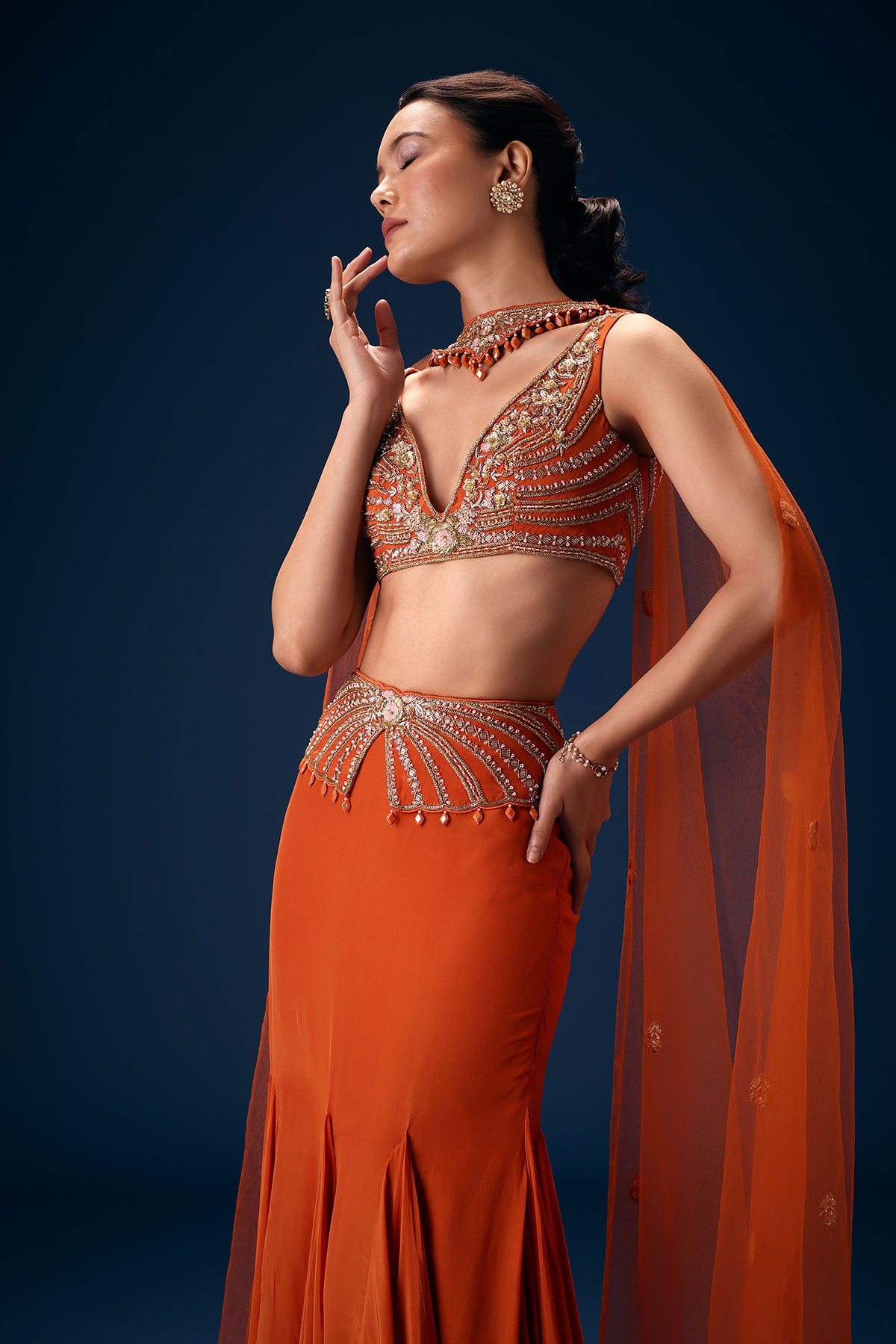 Rust Mermaid Symmetric Belt Skirt With Blouse And Choker