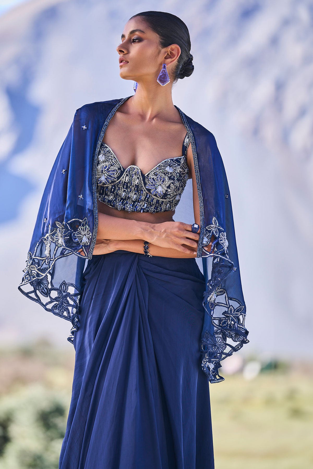 Blue Crepe Draped Skirt With Embroidered Blouse And Cape