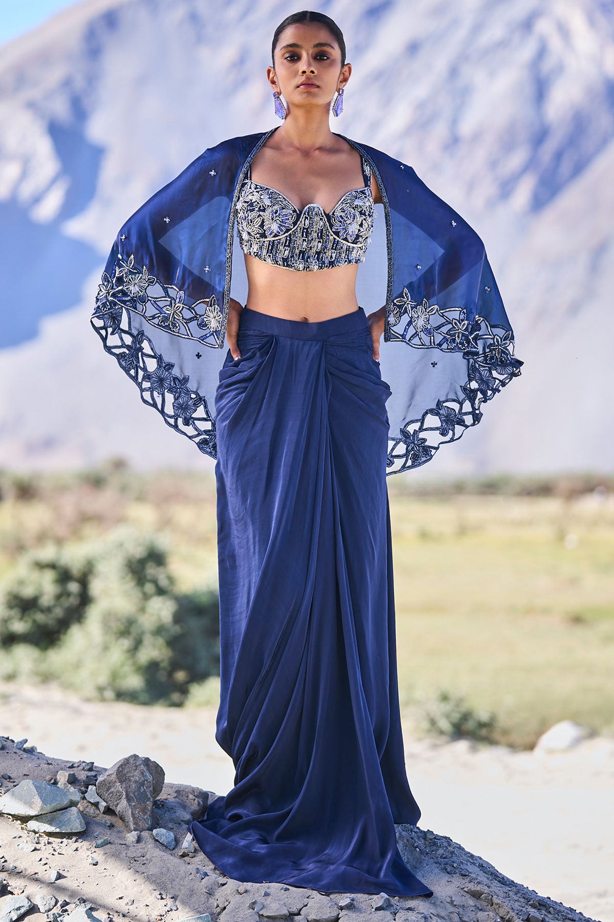 Blue Crepe Draped Skirt With Embroidered Blouse And Cape