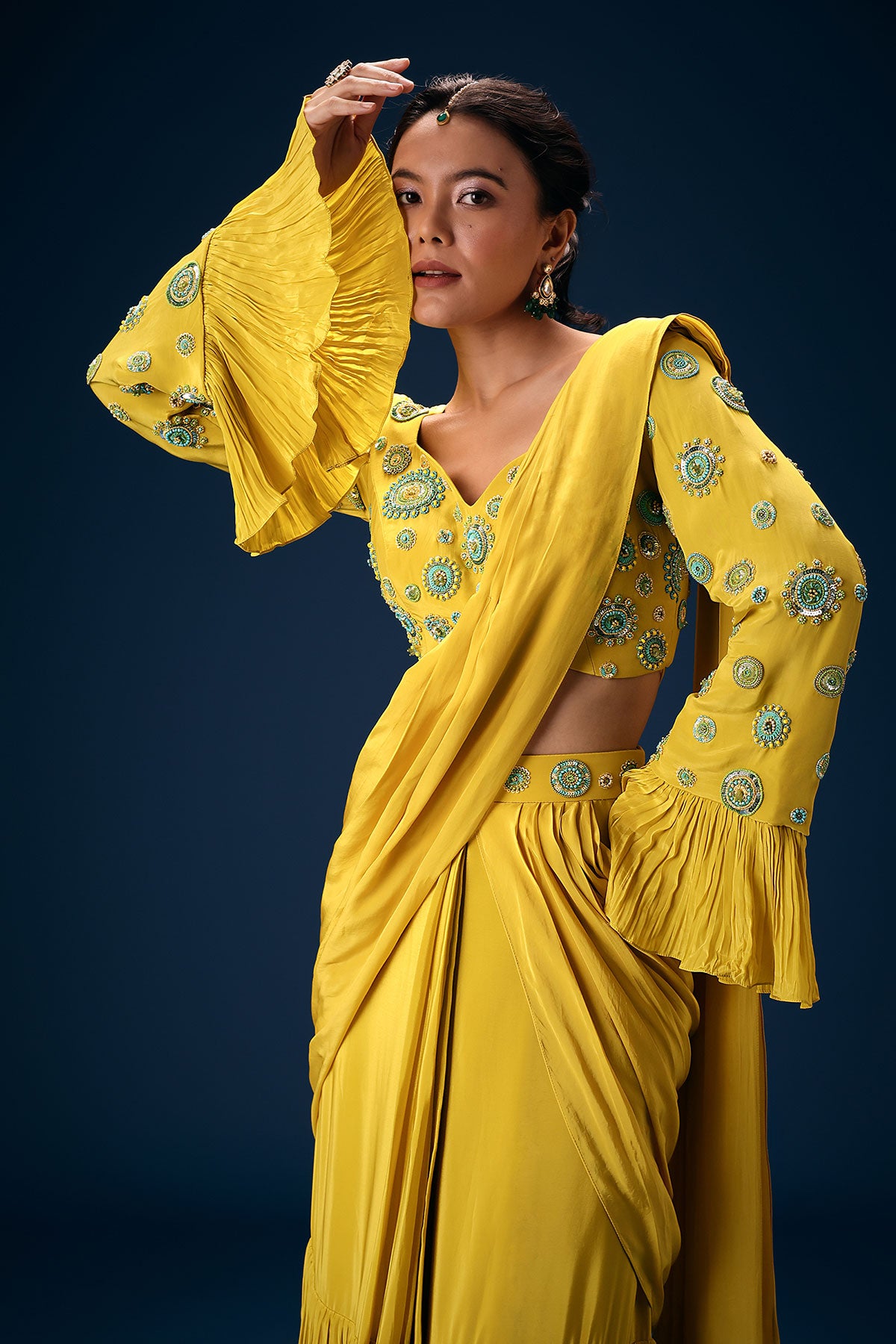 Lime Green Embroidered Blouse With Pre Stitched Saree