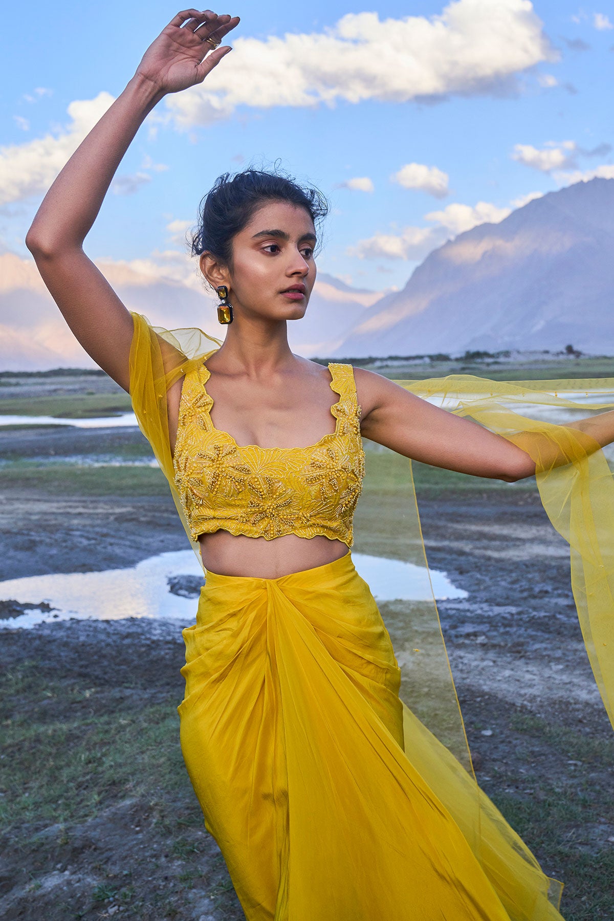 Yellow Pre Draped Skirt With Embroidered Corset Blouse And Cape