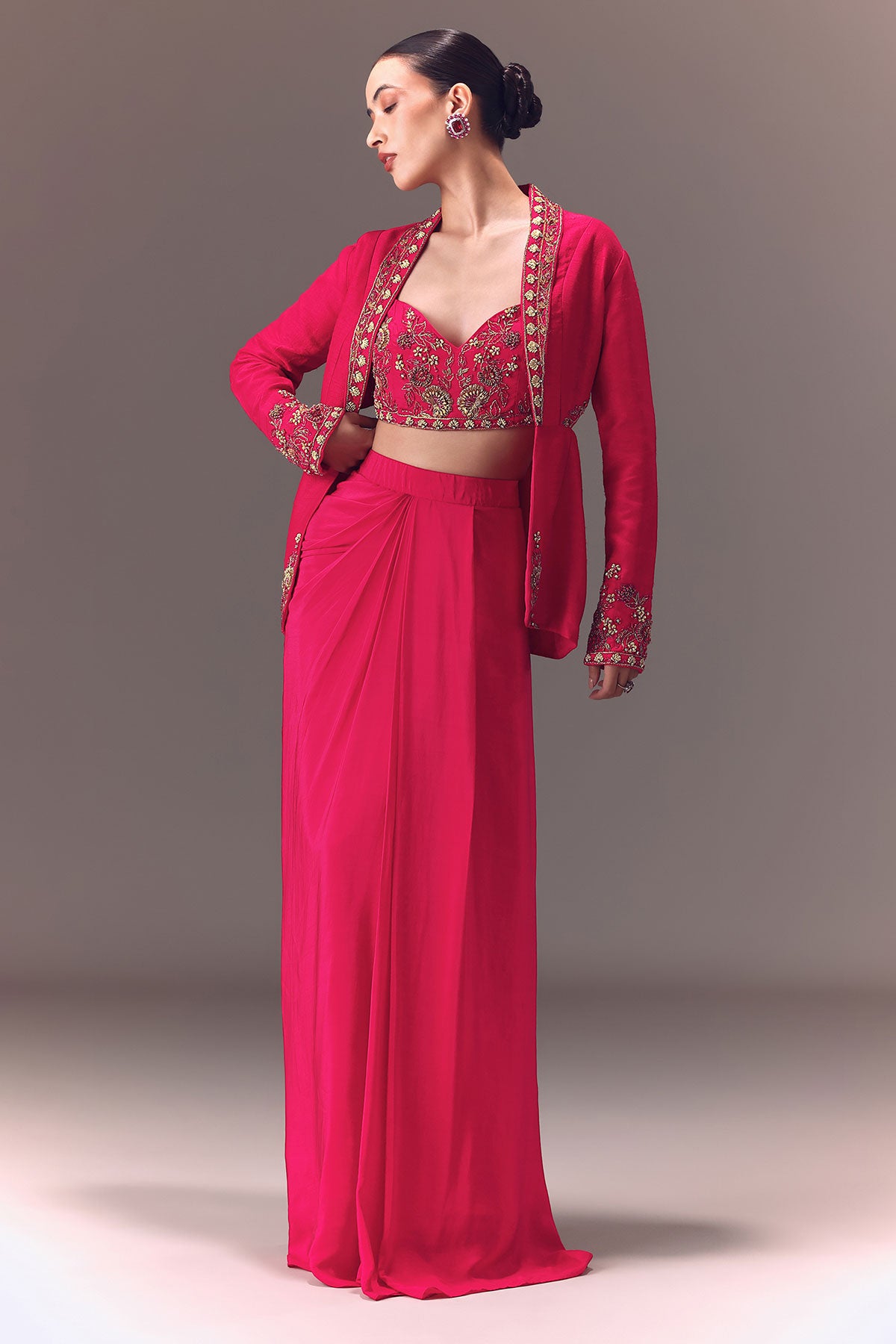 Hot Pink Hand Embellished Blouse With Jacket And Draped Skirt