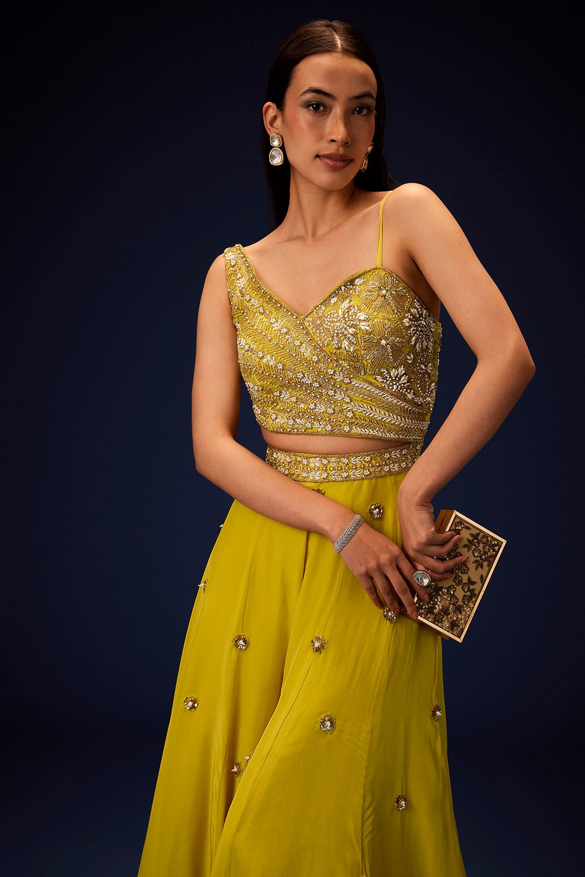 Sunglow Mustard Hand Embroidered Double Layer Frill Jumpsuit