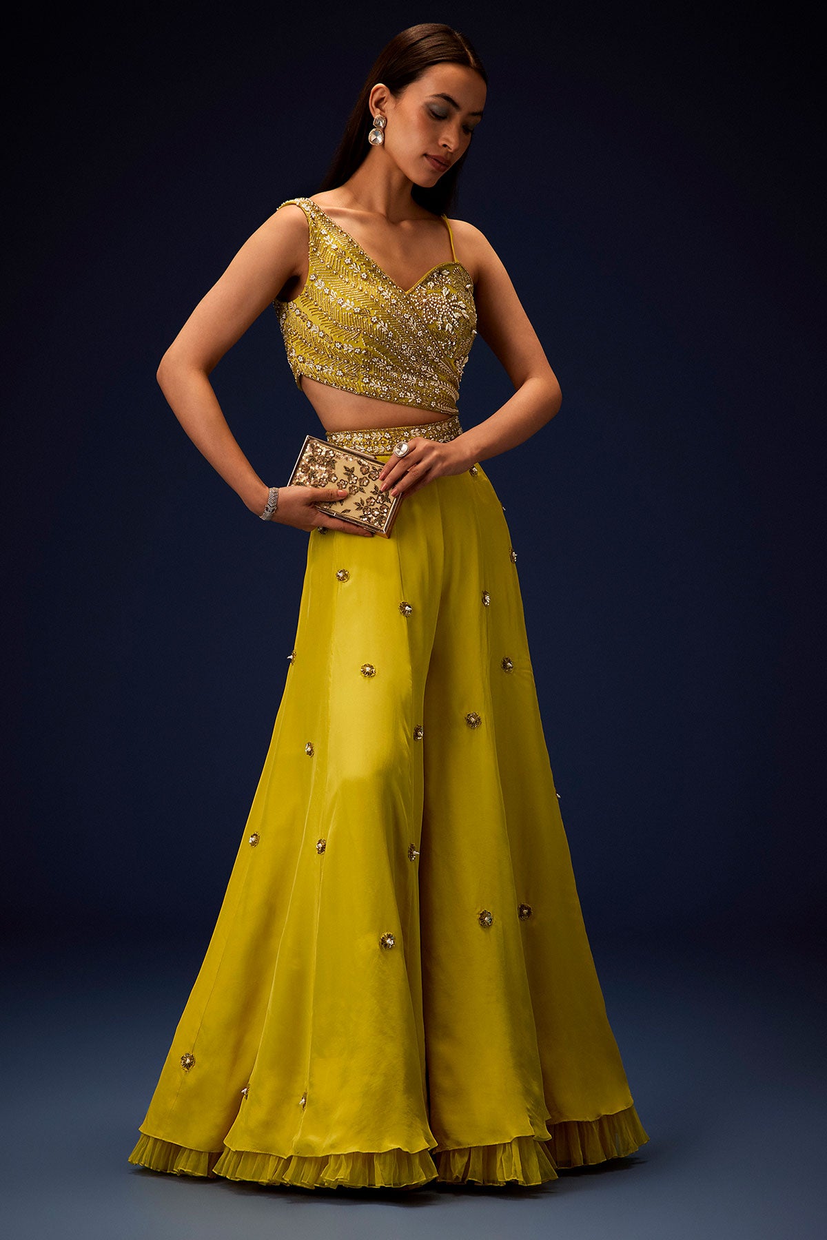 Sunglow Mustard Hand Embroidered Double Layer Frill Jumpsuit
