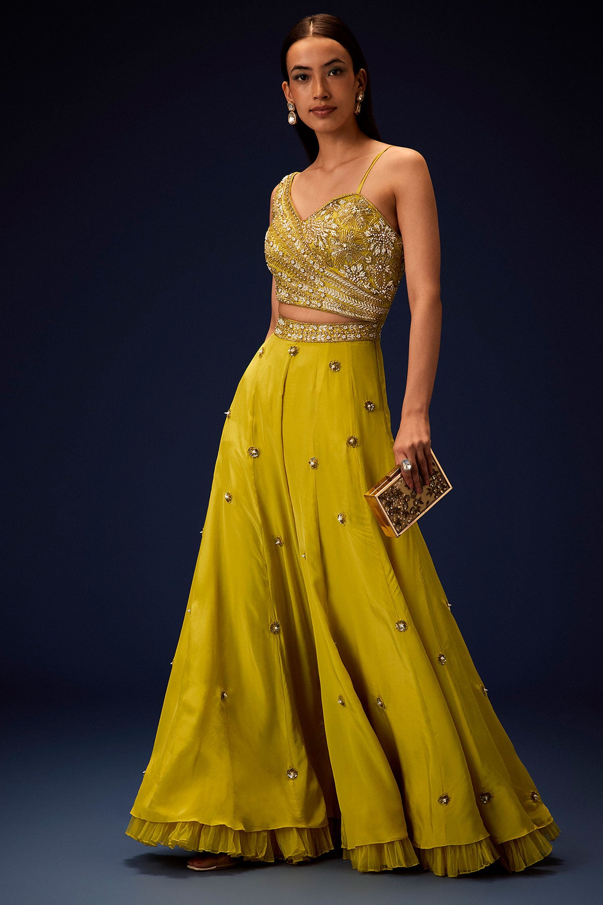 Sunglow Mustard Hand Embroidered Double Layer Frill Jumpsuit