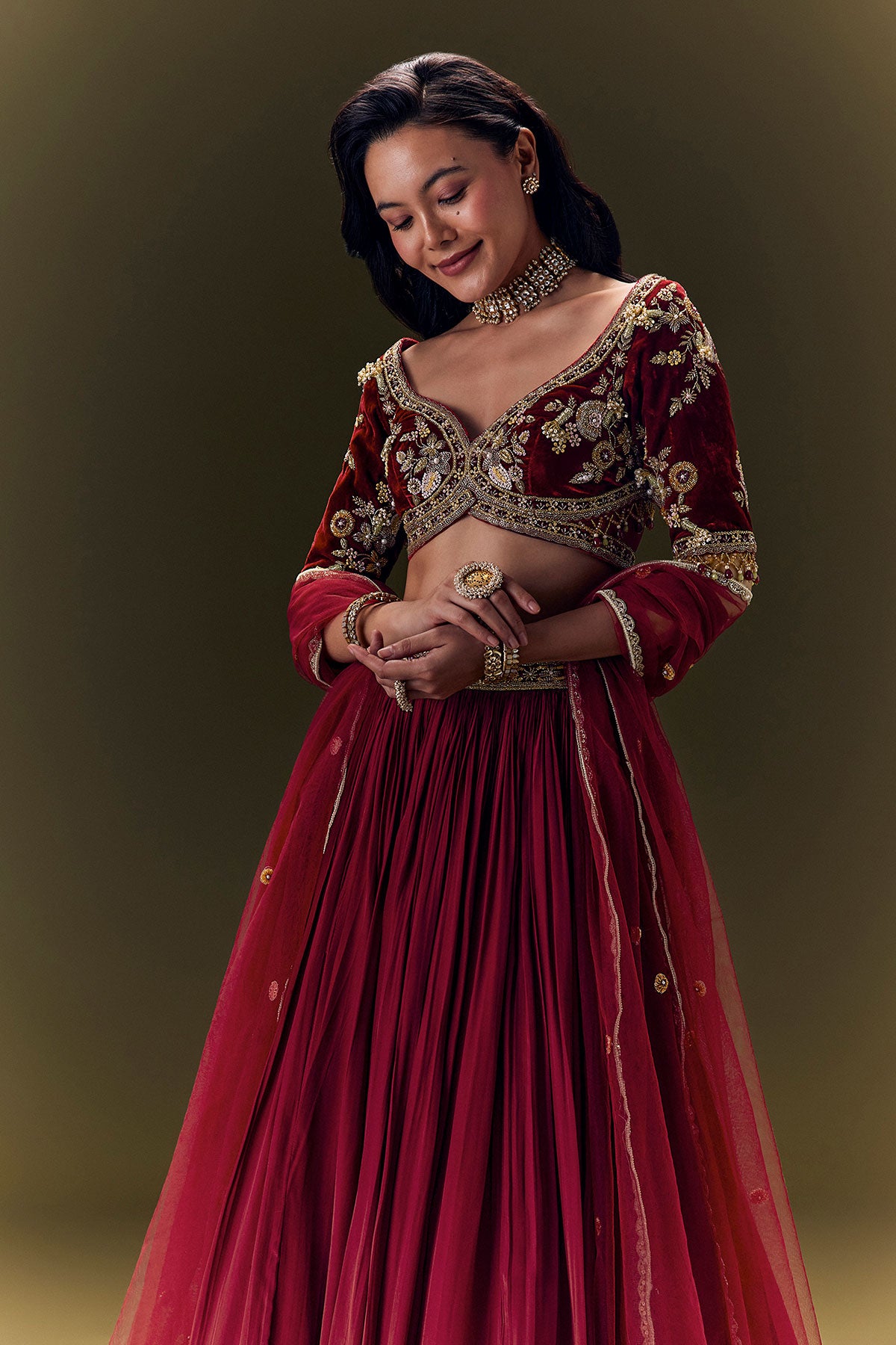 Maroon Crepe Velvet Lehenga Set With Cross Body Blouse