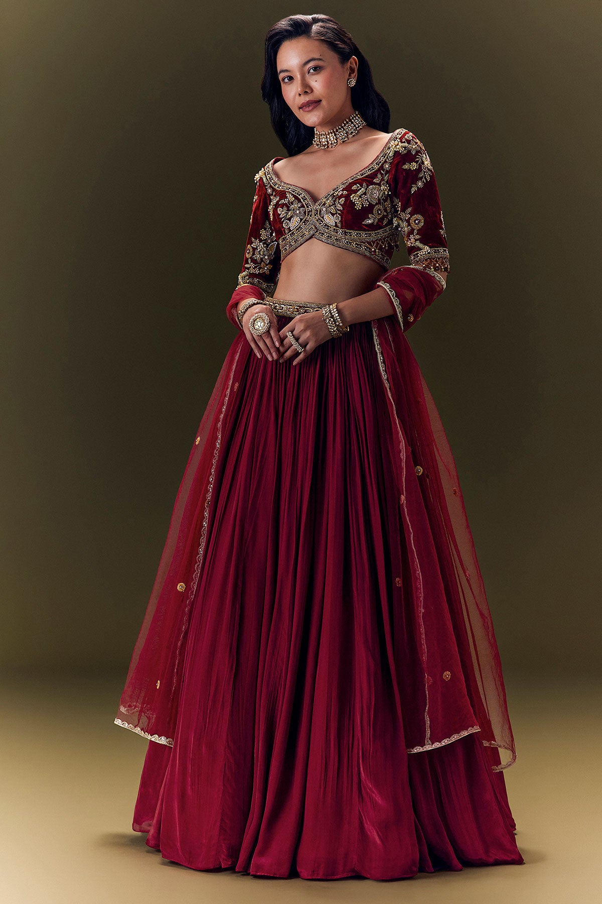 Maroon Crepe Velvet Lehenga Set With Cross Body Blouse