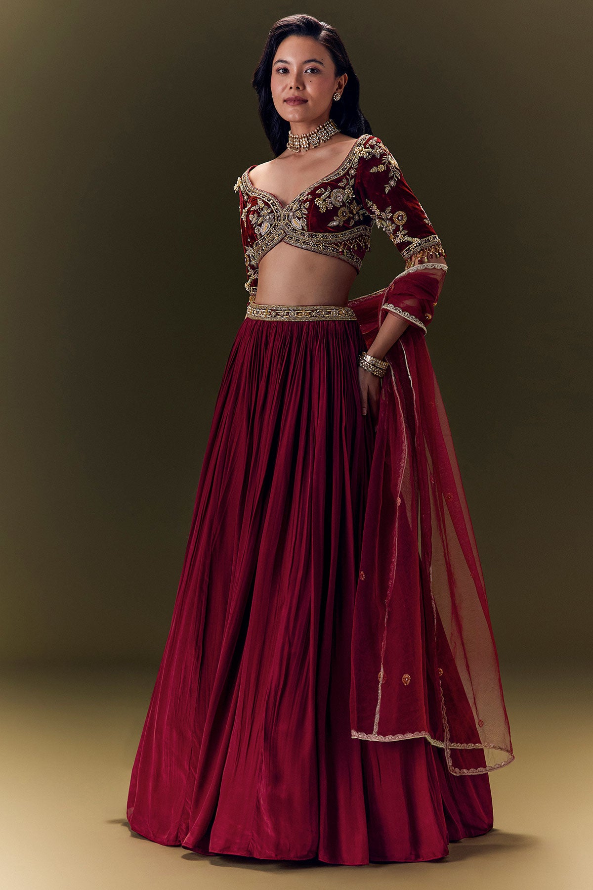 Maroon Crepe Velvet Lehenga Set With Cross Body Blouse