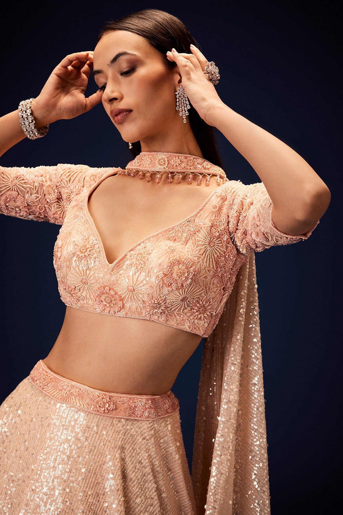 Salmon Peach Hand Embroidered Double Layer Sequence Lehenga With Frill