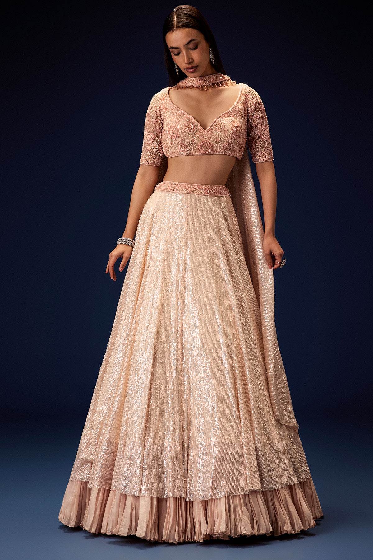 Salmon Peach Hand Embroidered Double Layer Sequence Lehenga With Frill
