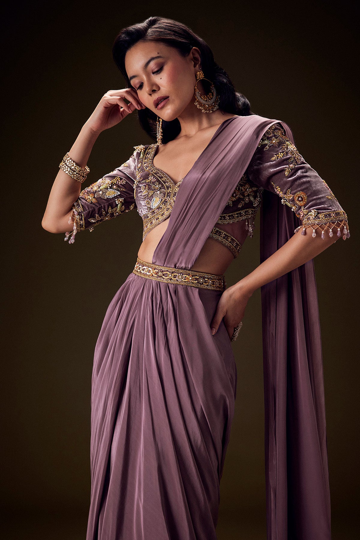 Dahlia Purple Ready To Wear Saree With Hand Embroided Belt Hand Velvet Blouse