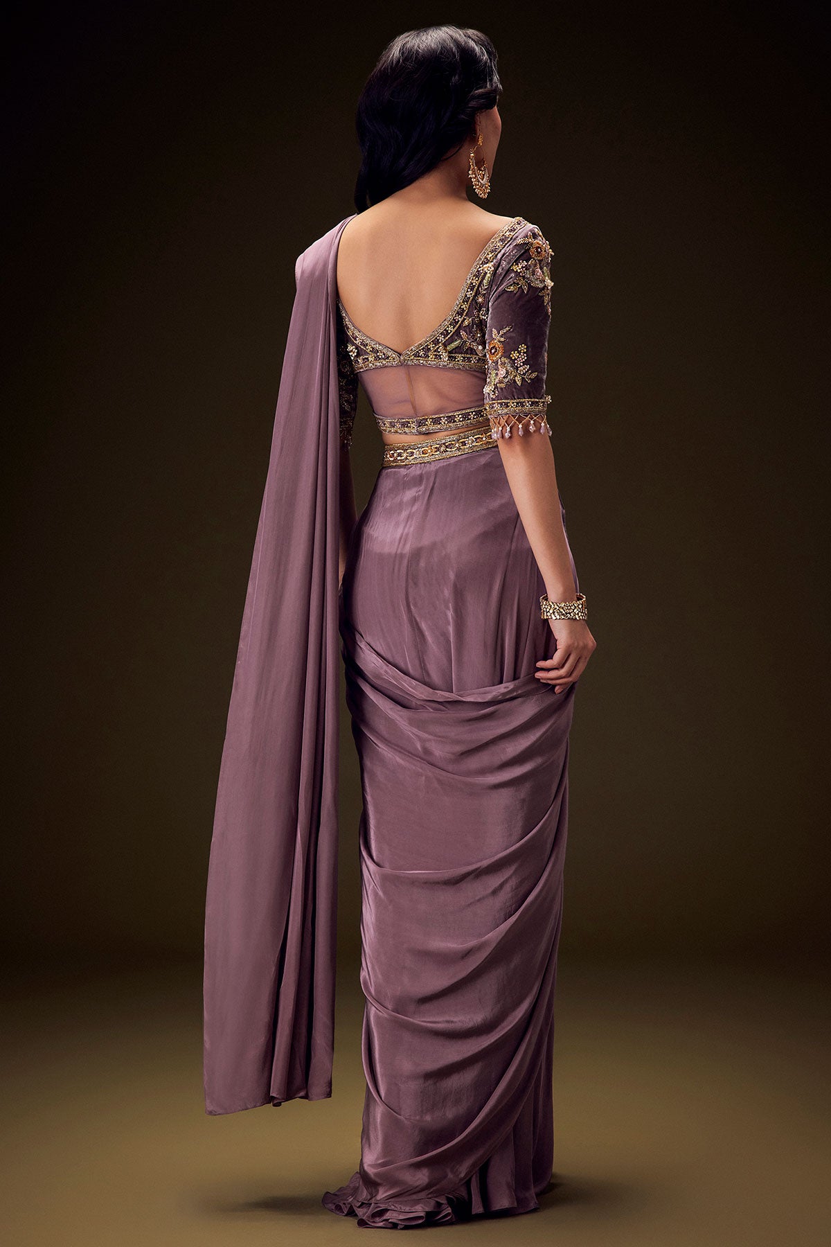 Dahlia Purple Ready To Wear Saree With Hand Embroided Belt Hand Velvet Blouse