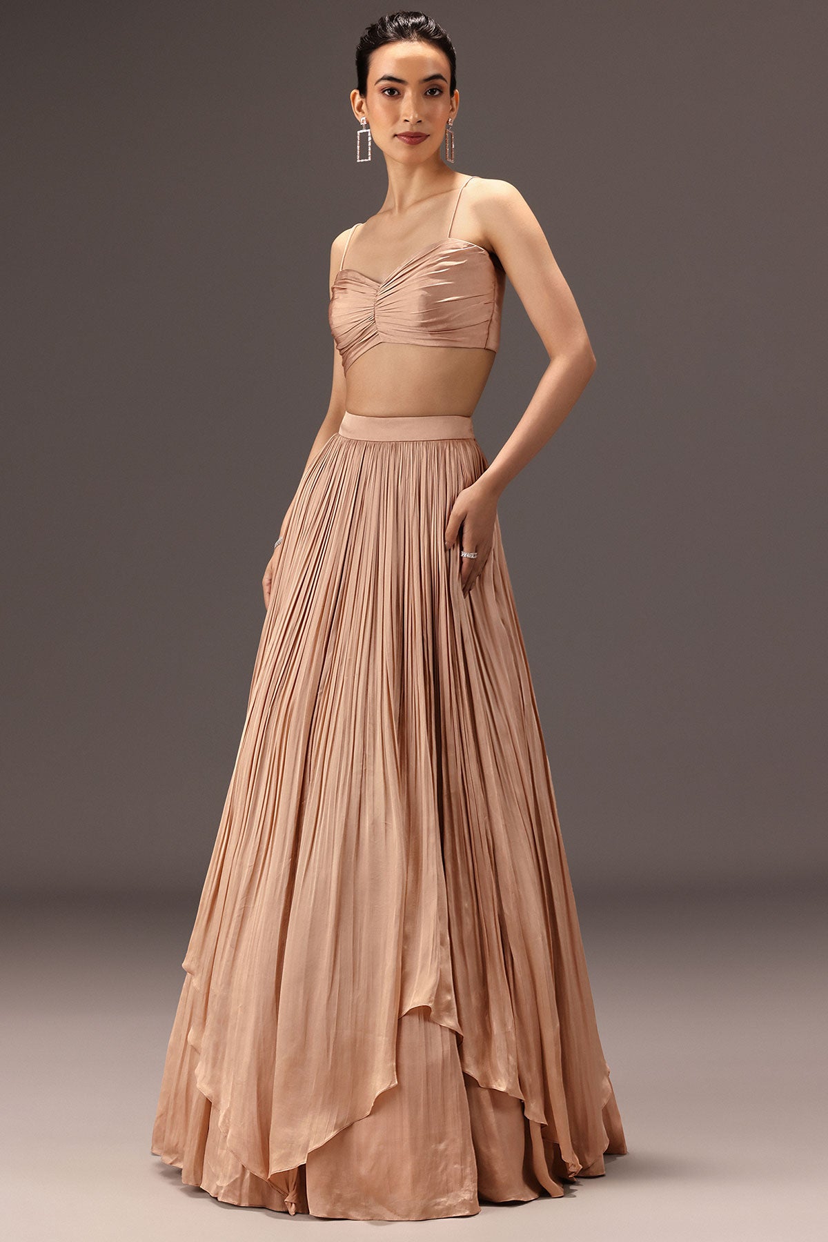 Nude Ruched Blouse With Cape And Layered Skirt