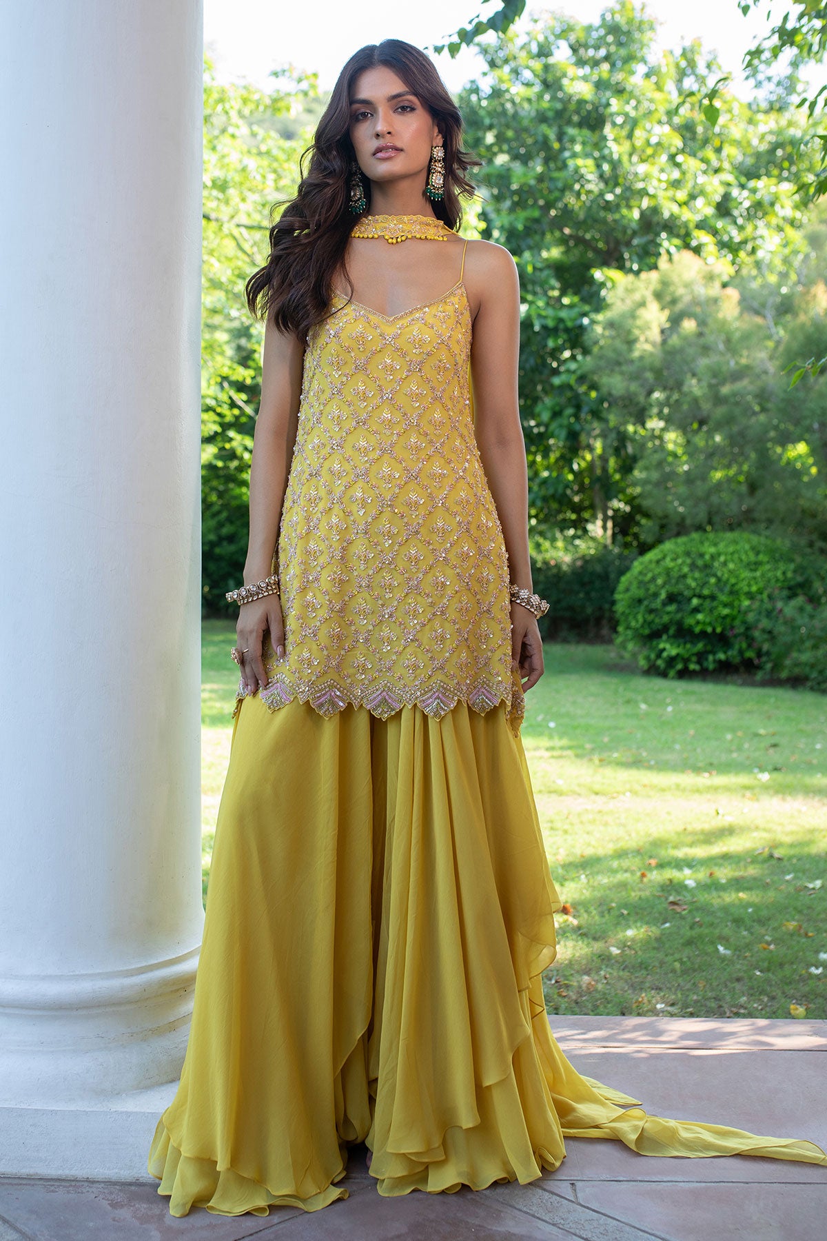 Yellow Sequin Hand Work Sharara Suit With Embroidered Choker Dupatta