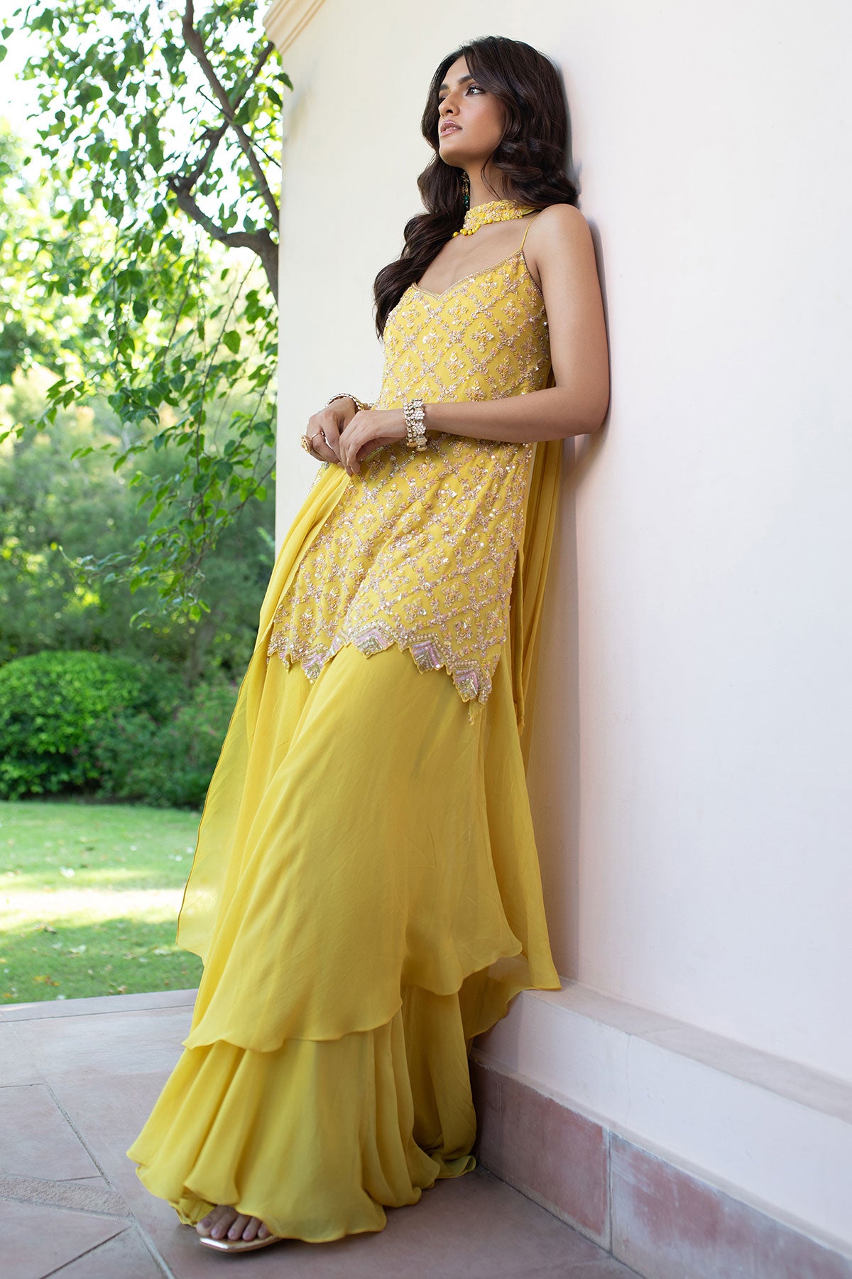 Yellow Sequin Hand Work Sharara Suit With Embroidered Choker Dupatta