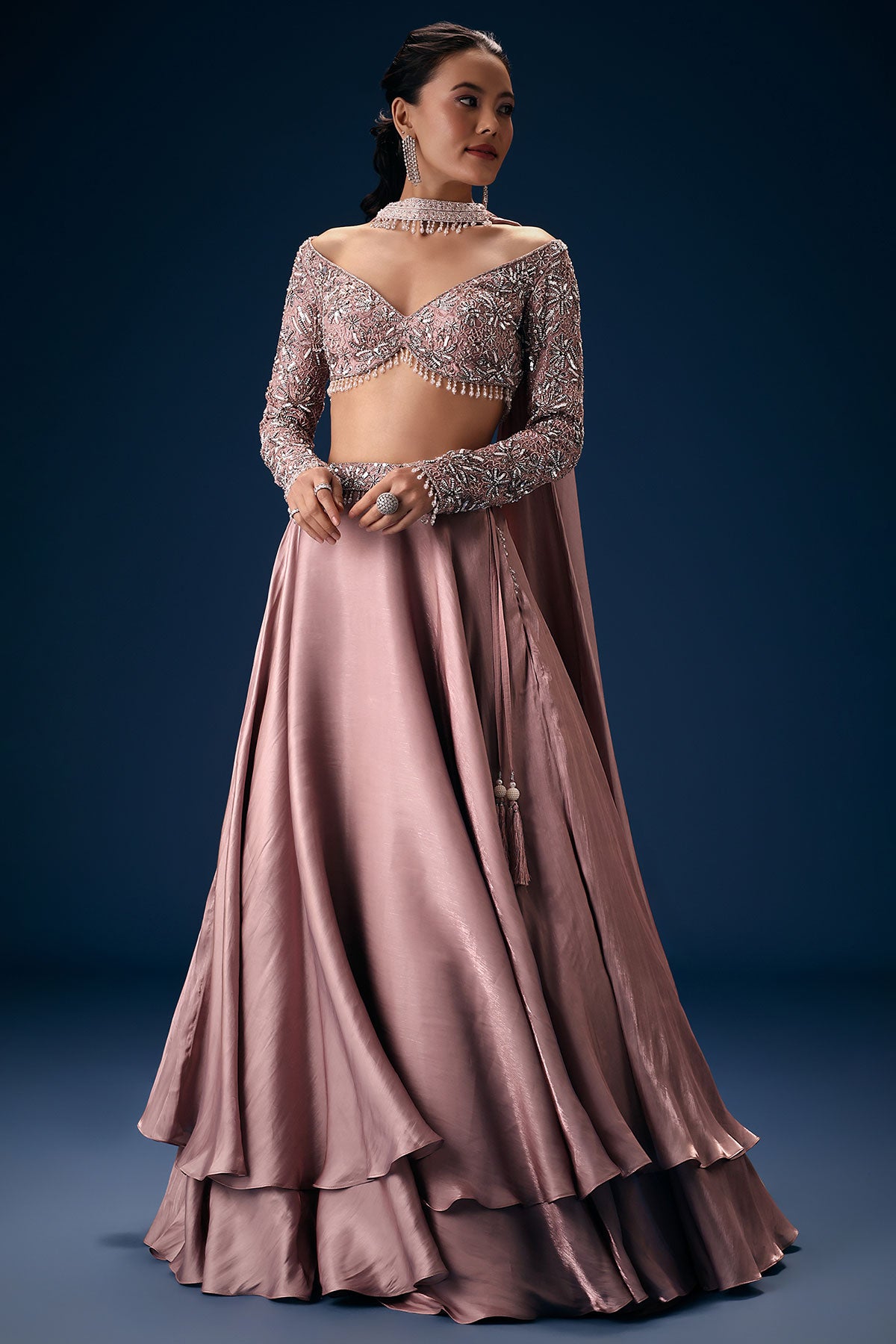 Onion Pink Embroidered Blouse With Lehenga And Choker Dupatta