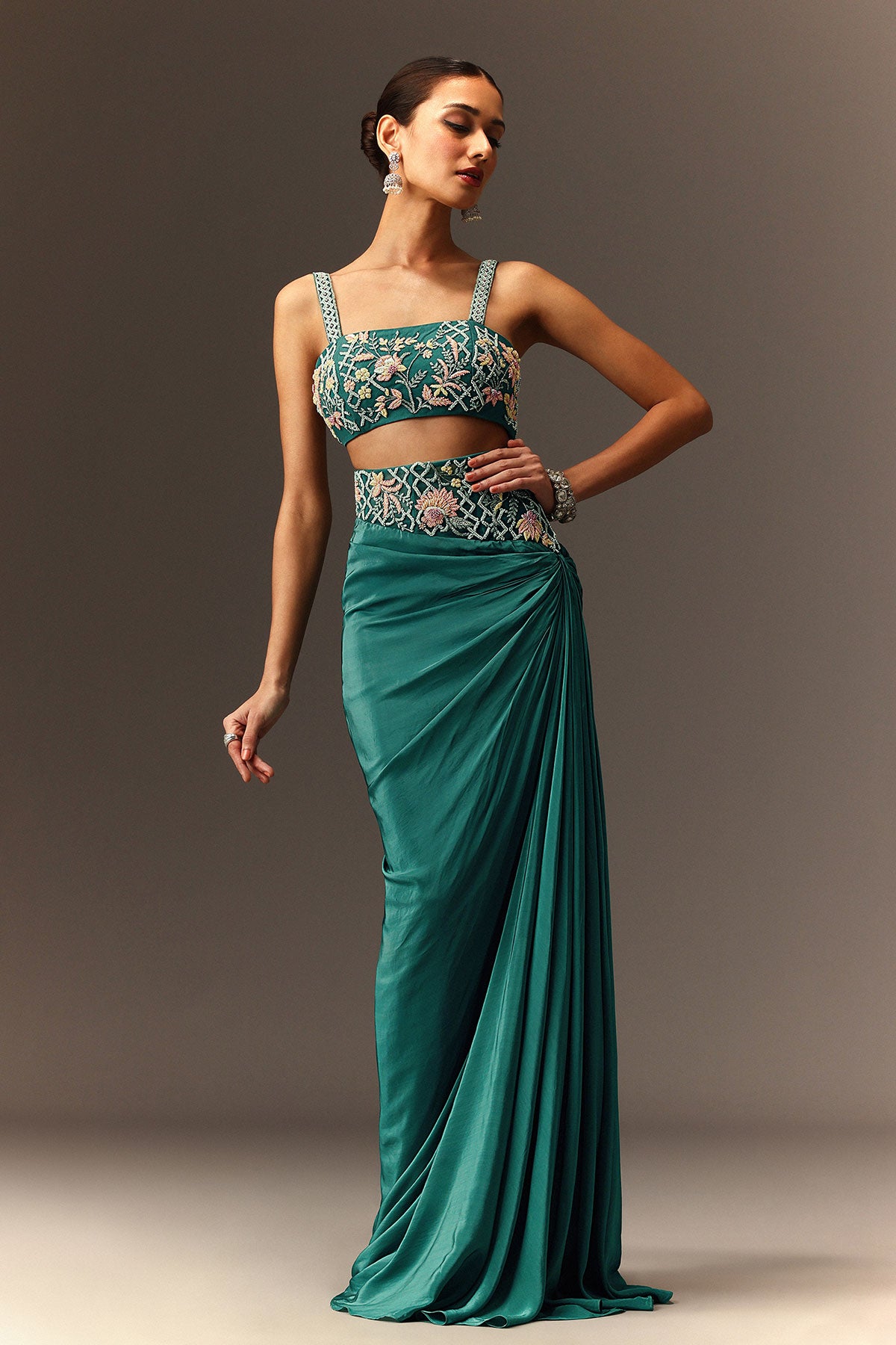 Blue Hand Embroidered Blouse And Drape Skirt With Cape