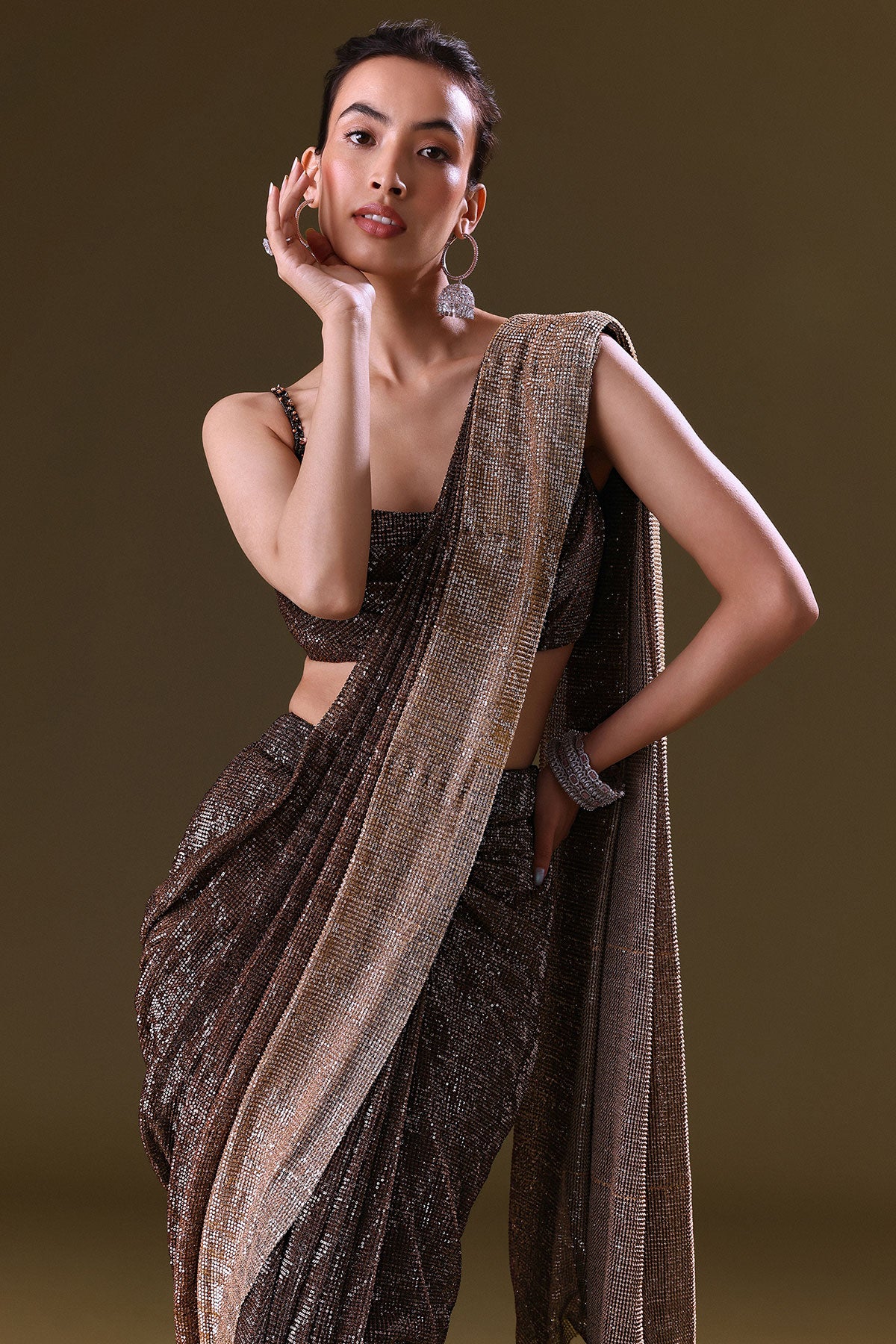 Brown Pre Stitched Saree With Cowl Blouse