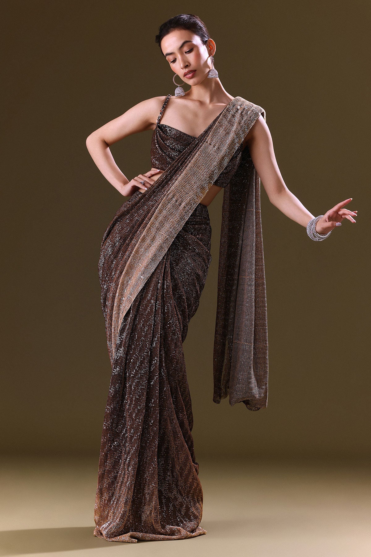 Brown Pre Stitched Saree With Cowl Blouse