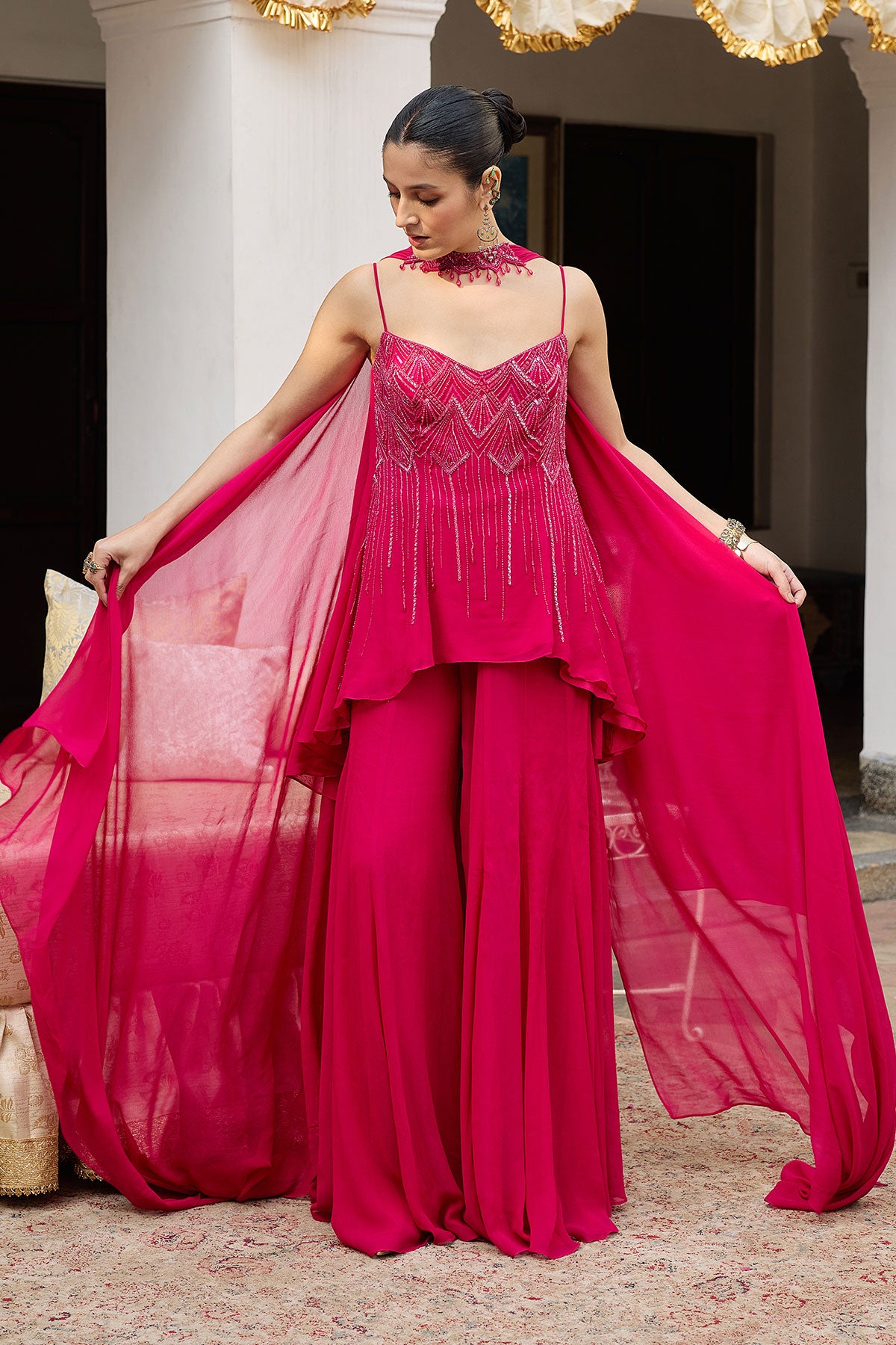 Dark Pink Georgette Sharara Set With Embroidered Kurta And Choker Dupatta