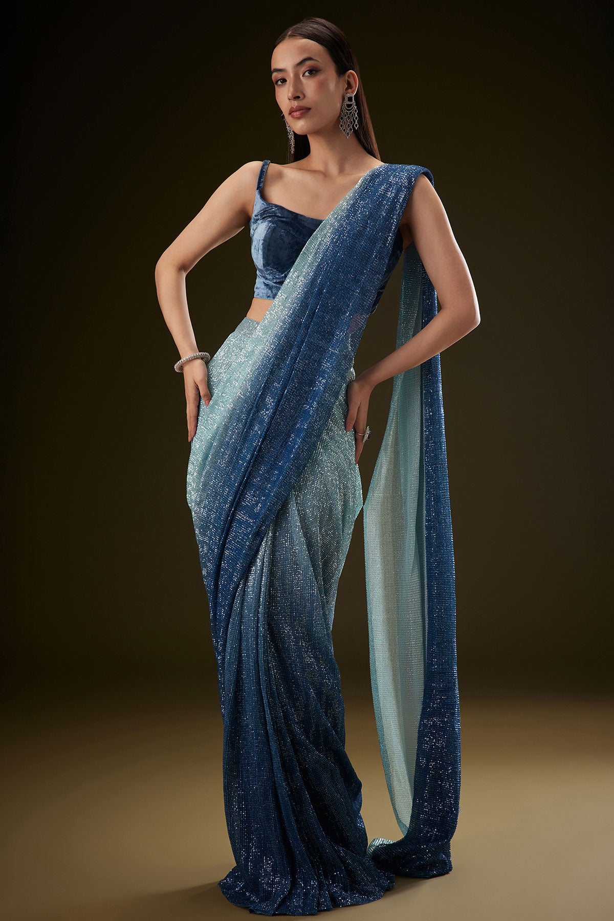 Teal Ombre Sequence Ready To Wear Saree With Velvet Blouse