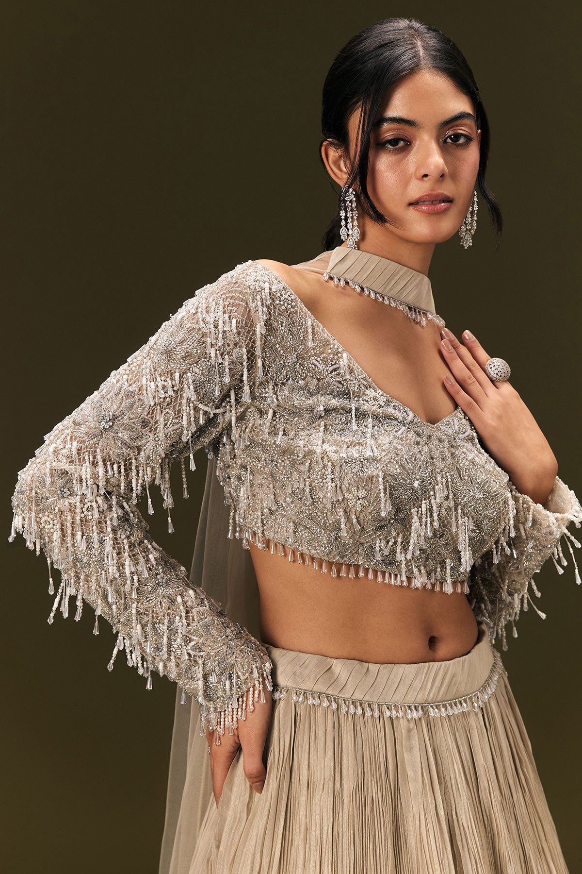 Beige Net Embroidered Blouse With Ruched Lehenga And Choker Dupatta