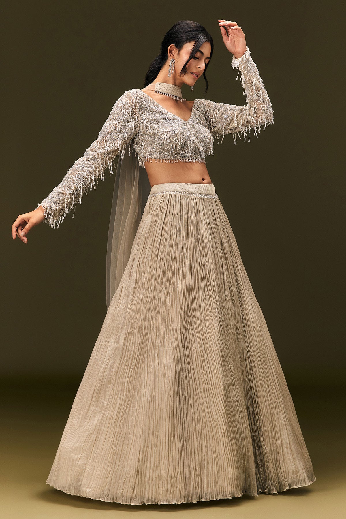 Beige Net Embroidered Blouse With Ruched Lehenga And Choker Dupatta