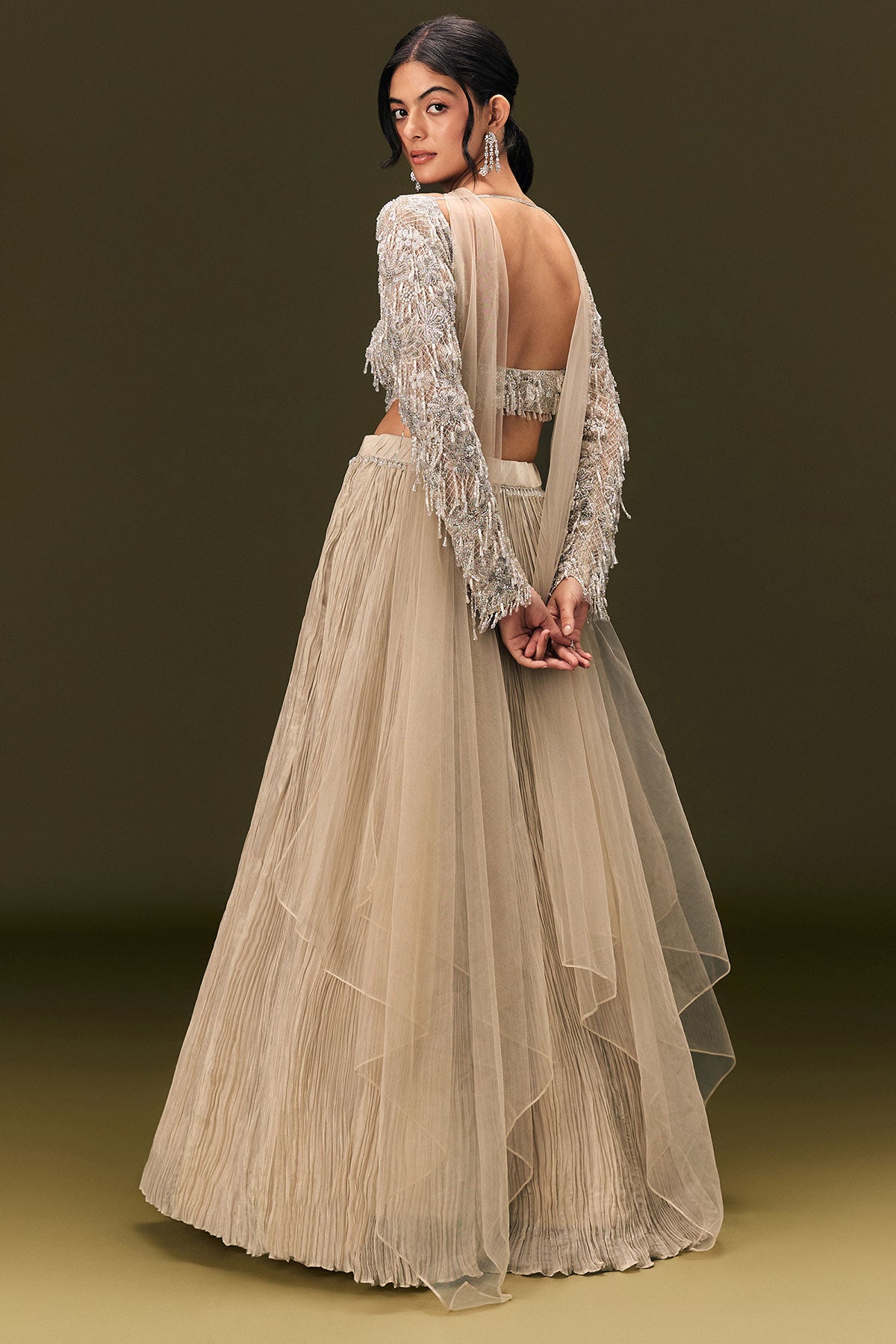 Beige Net Embroidered Blouse With Ruched Lehenga And Choker Dupatta