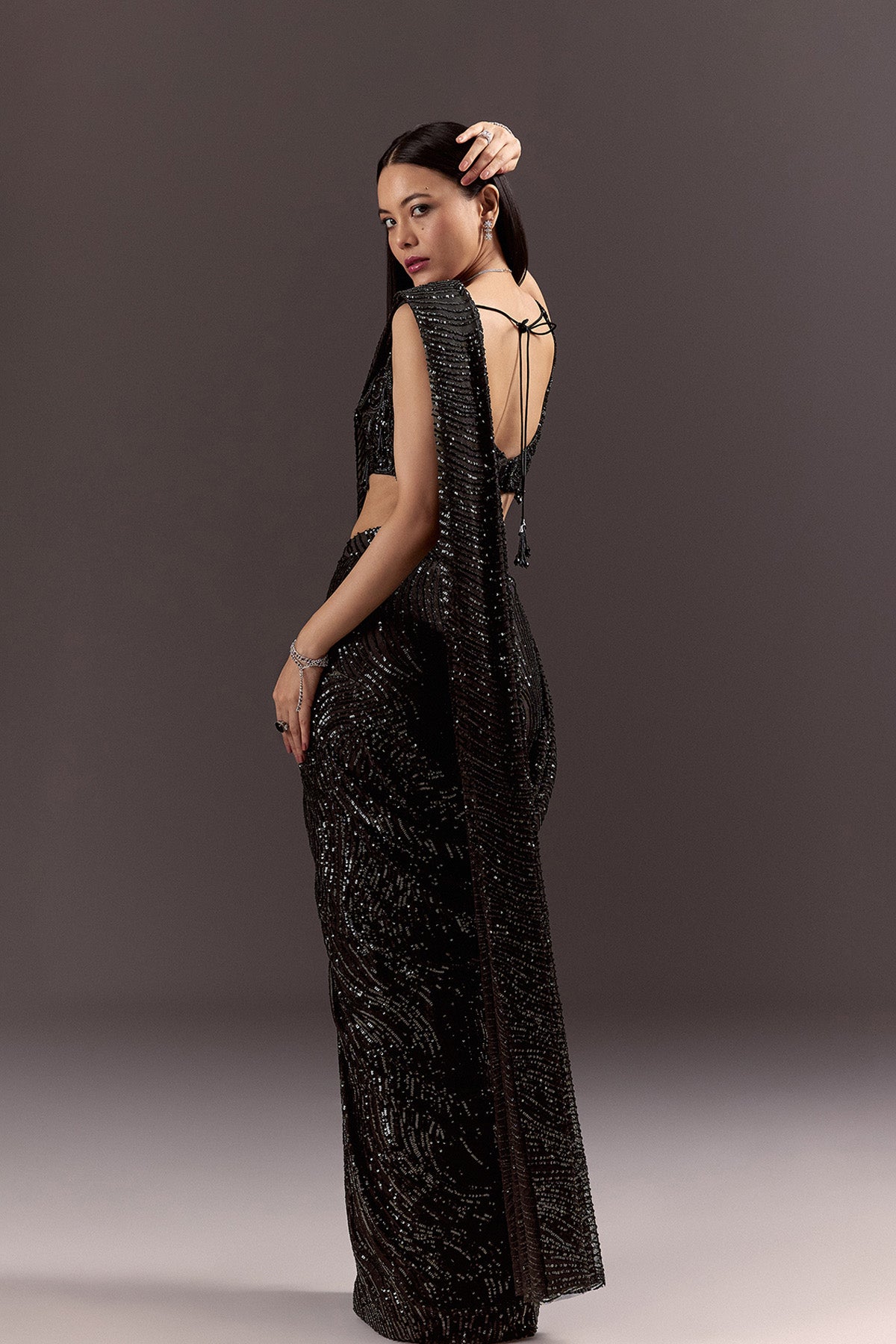 Black Ready To Wear Saree With 3D Patching And Fancy Neck Blouse