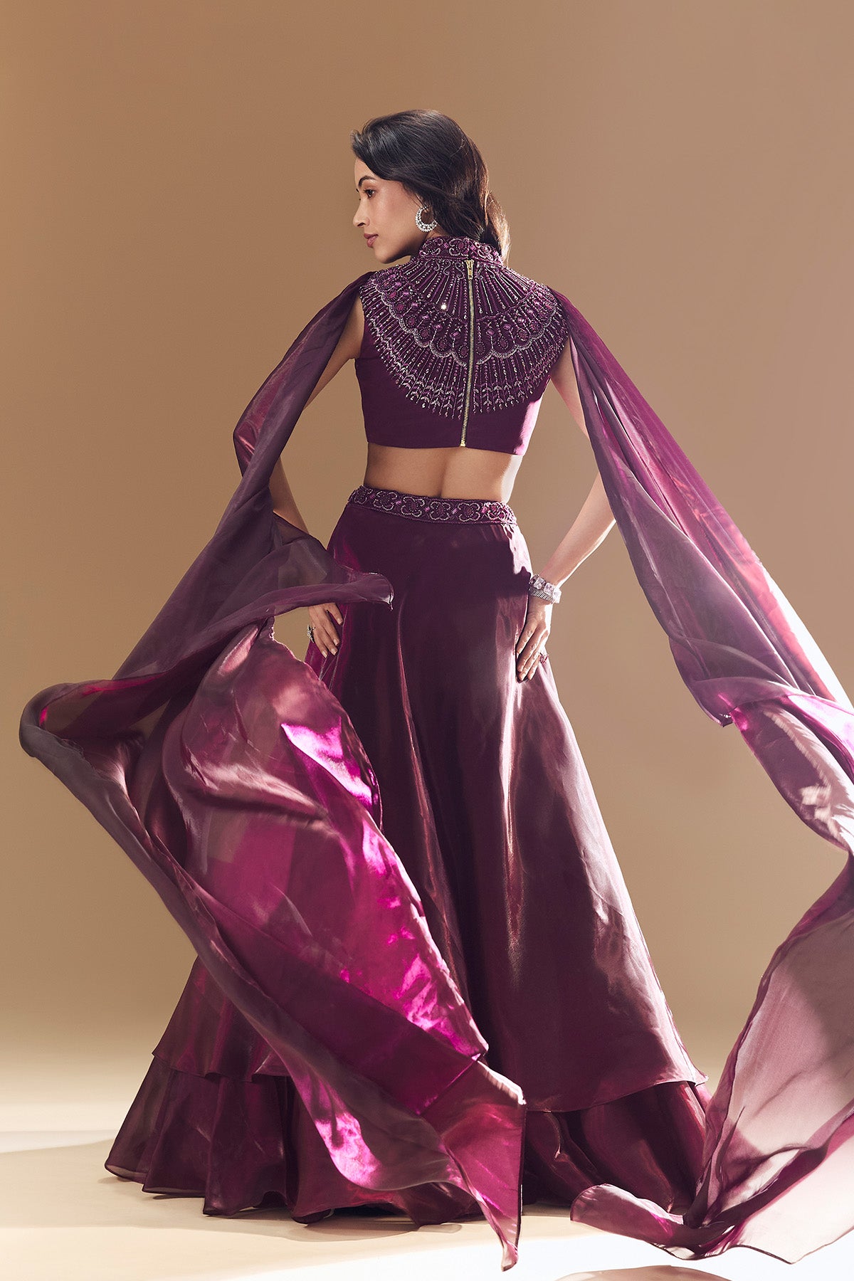 Wine Bridesmaid Organza Lehega with Cape