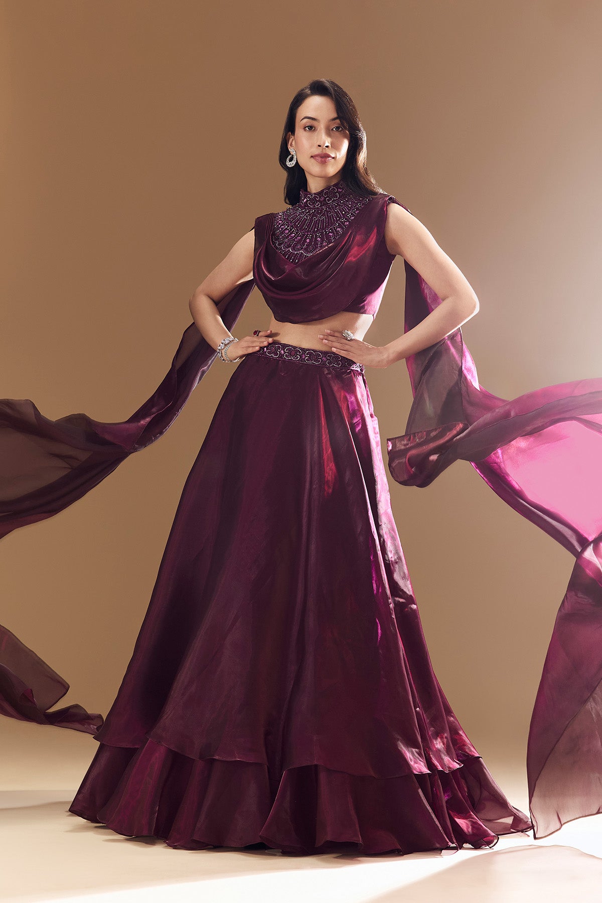 Wine Bridesmaid Organza Lehega with Cape