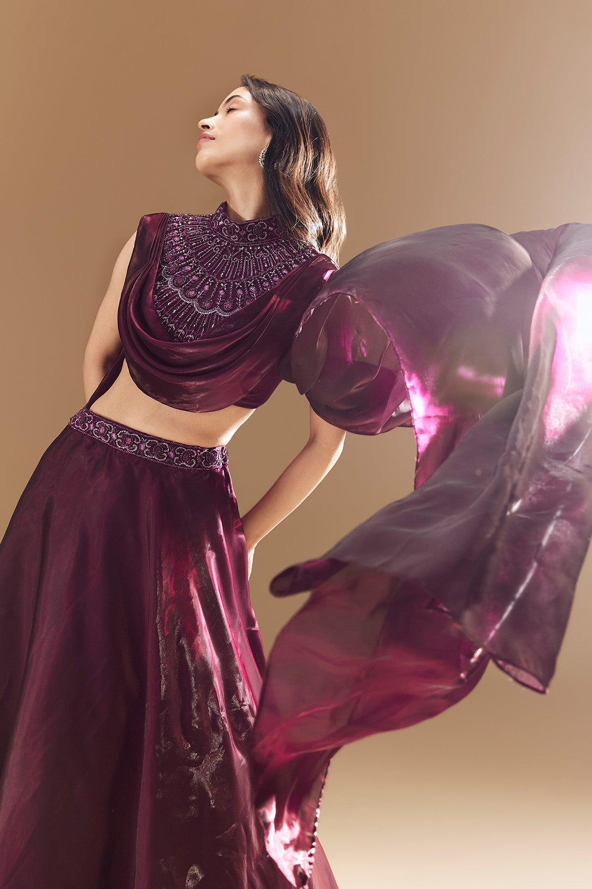 Wine Bridesmaid Organza Lehega with Cape