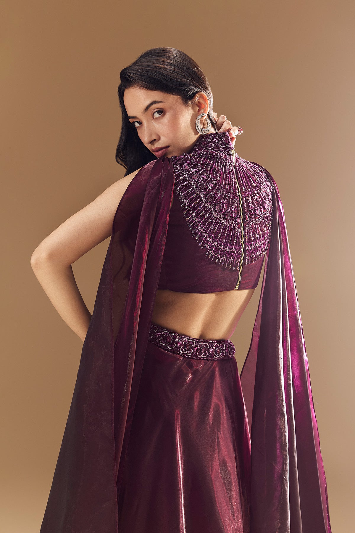 Wine Bridesmaid Organza Lehega with Cape