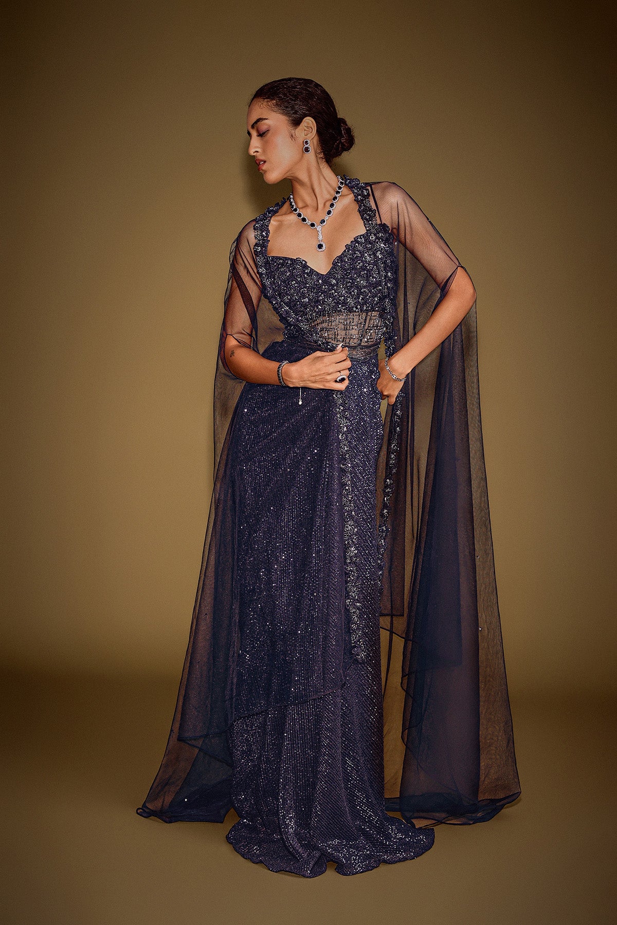 Midnight Blue Corset Gown With Drape And Embroidered Cape