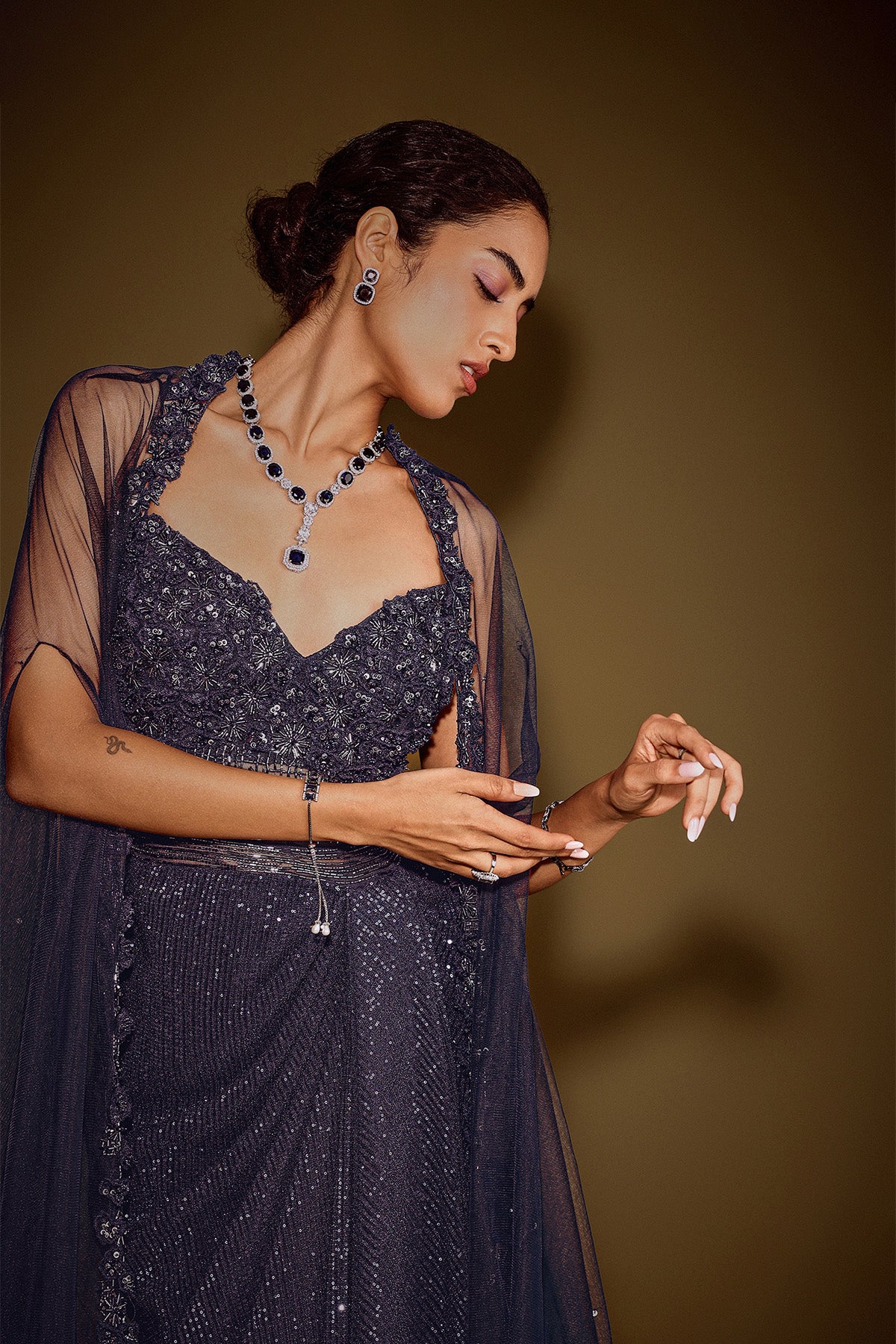 Midnight Blue Corset Gown With Drape And Embroidered Cape