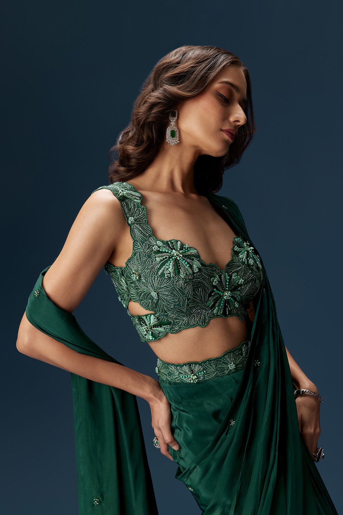 Dark Green Ready Pleated Saree With Embellished Blouse