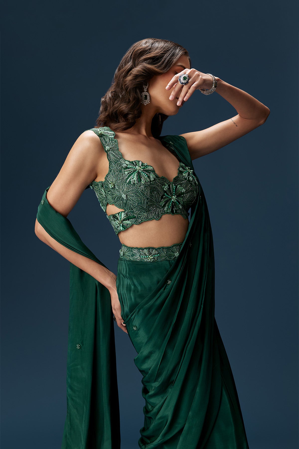 Dark Green Ready Pleated Saree With Embellished Blouse