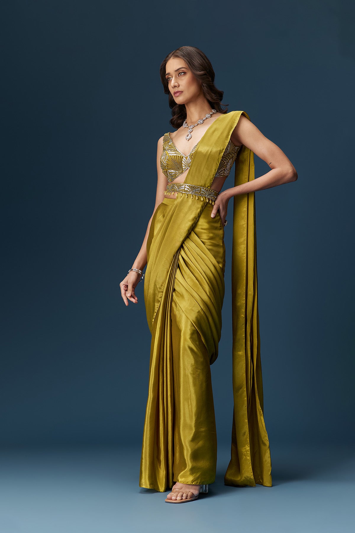 Green Drape Saree With V Neck Blouse And Belt