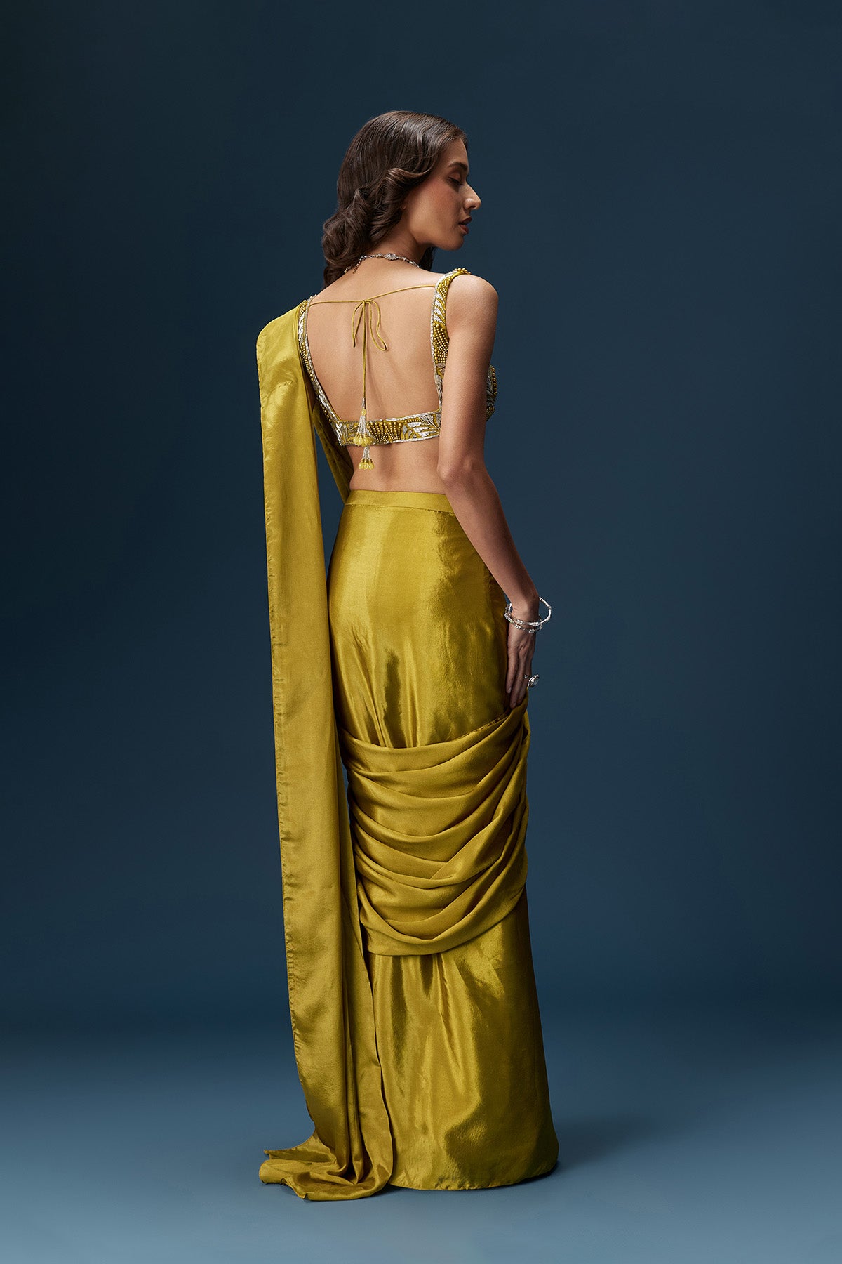 Green Drape Saree With V Neck Blouse And Belt