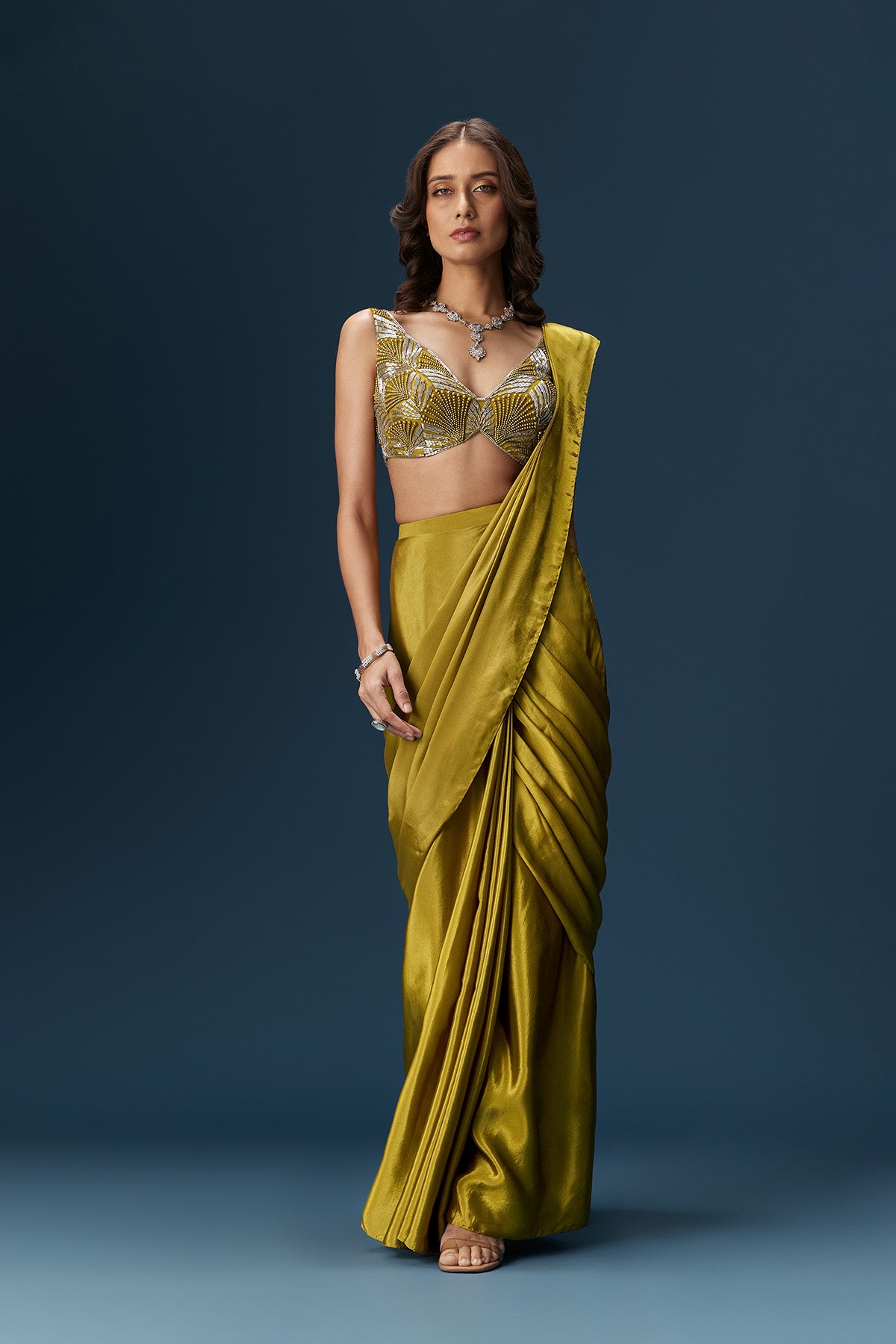 Green Drape Saree With V Neck Blouse And Belt