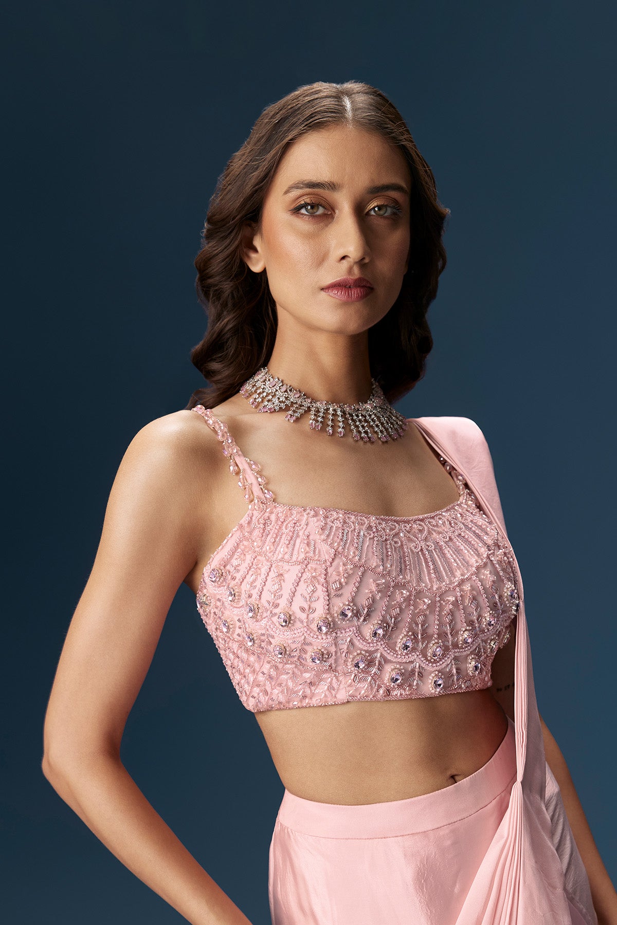 Pink Ready Pleated Saree With Embroidered Blouse