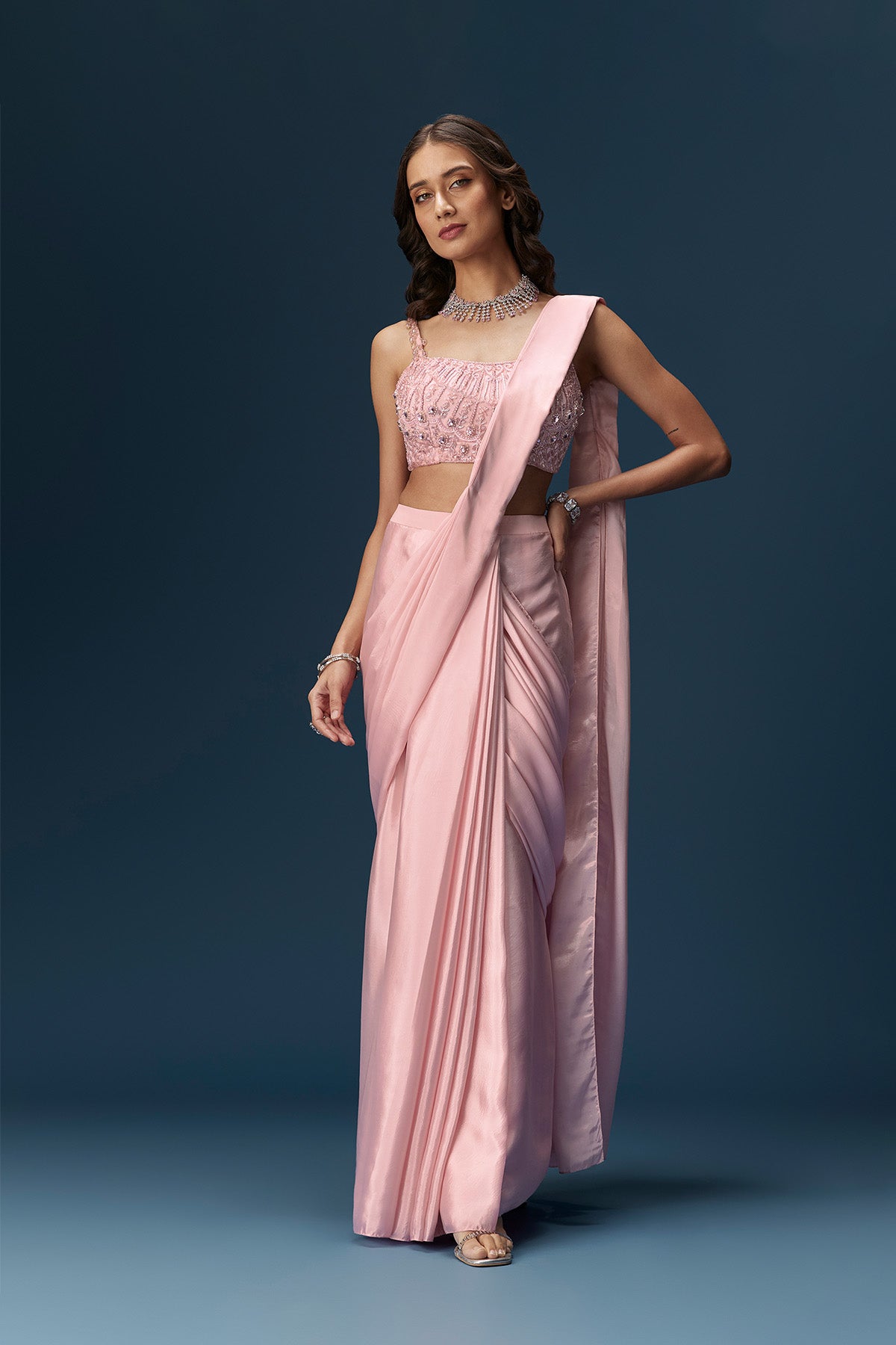 Pink Ready Pleated Saree With Embroidered Blouse