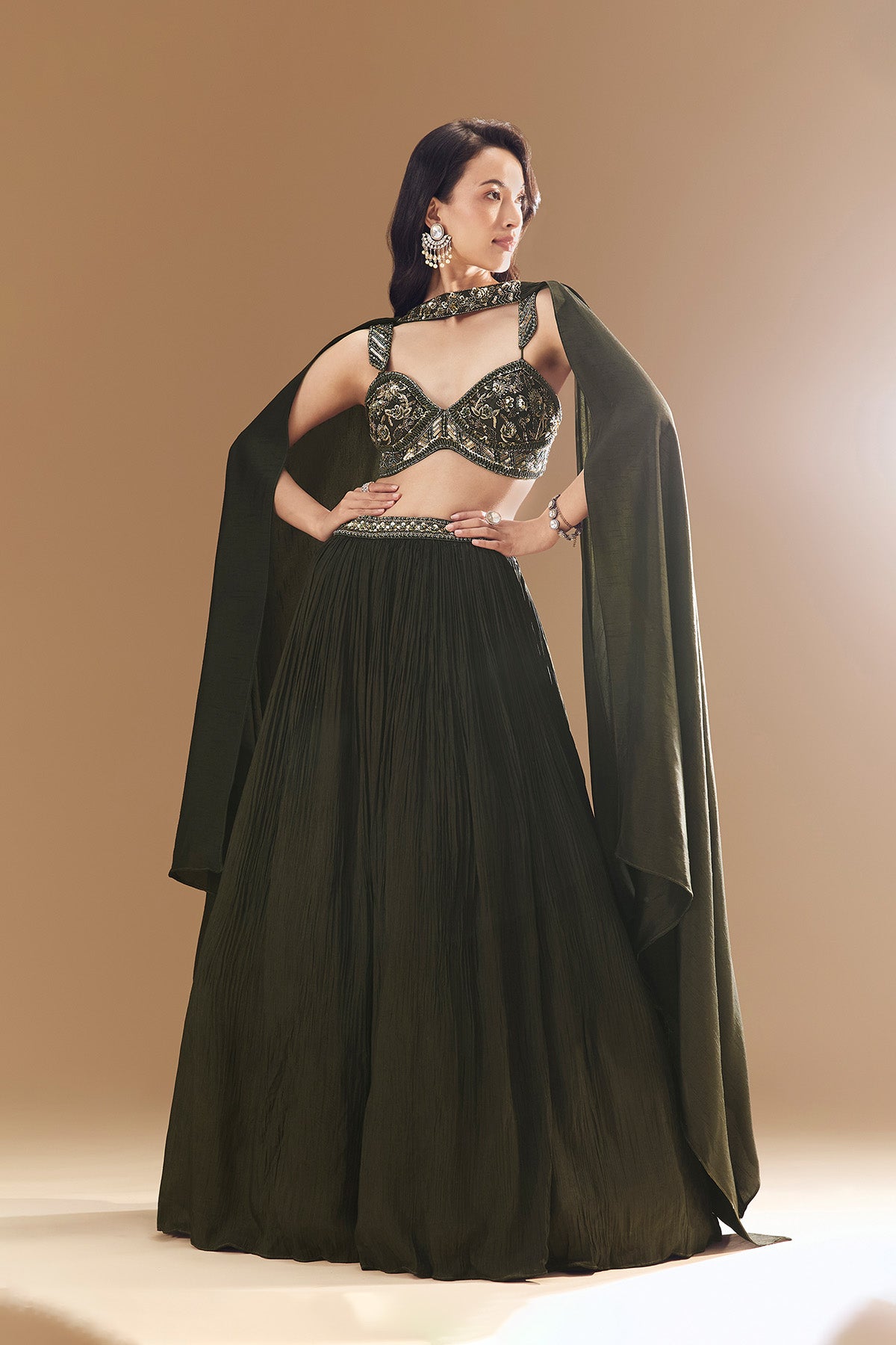 Green Ruched Bridesmaid Lehega with Choker Dupatta