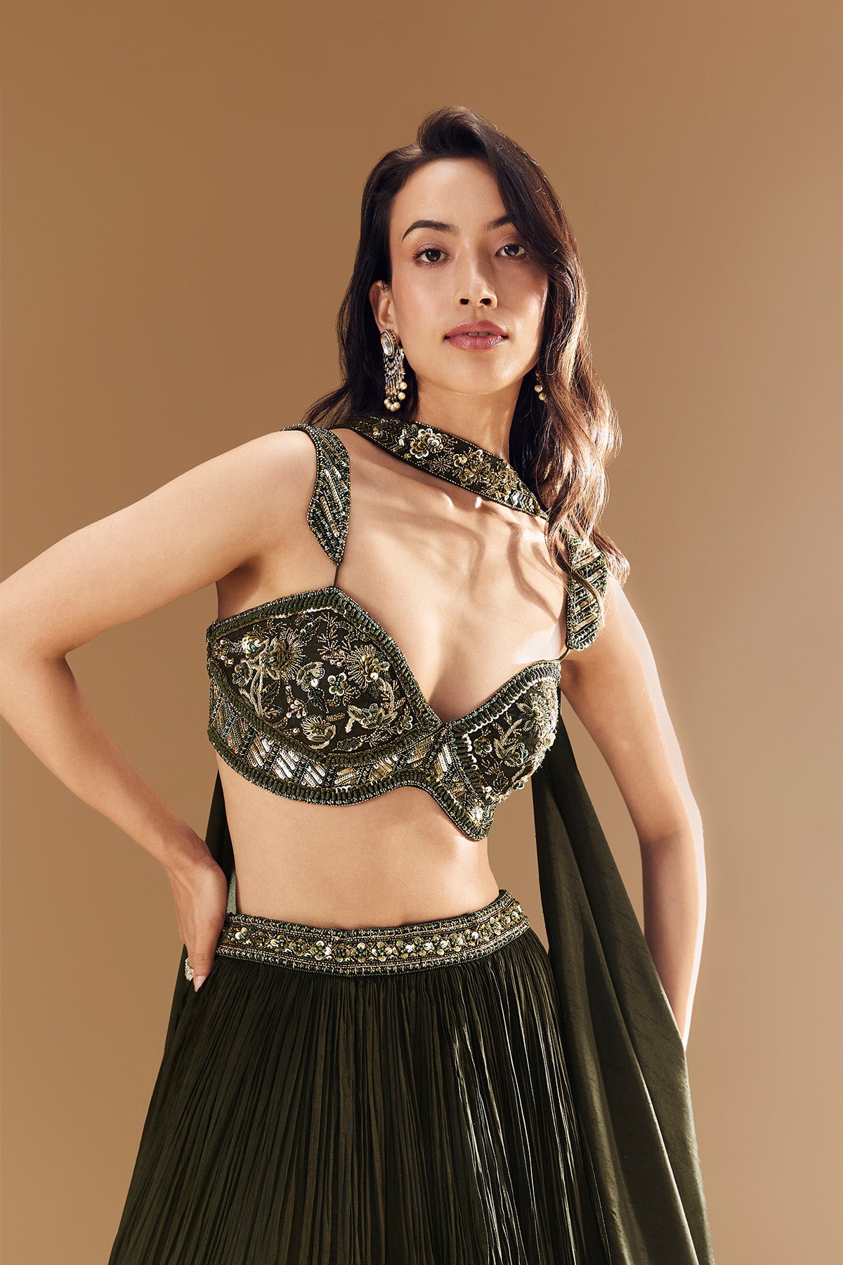 Green Ruched Bridesmaid Lehega with Choker Dupatta